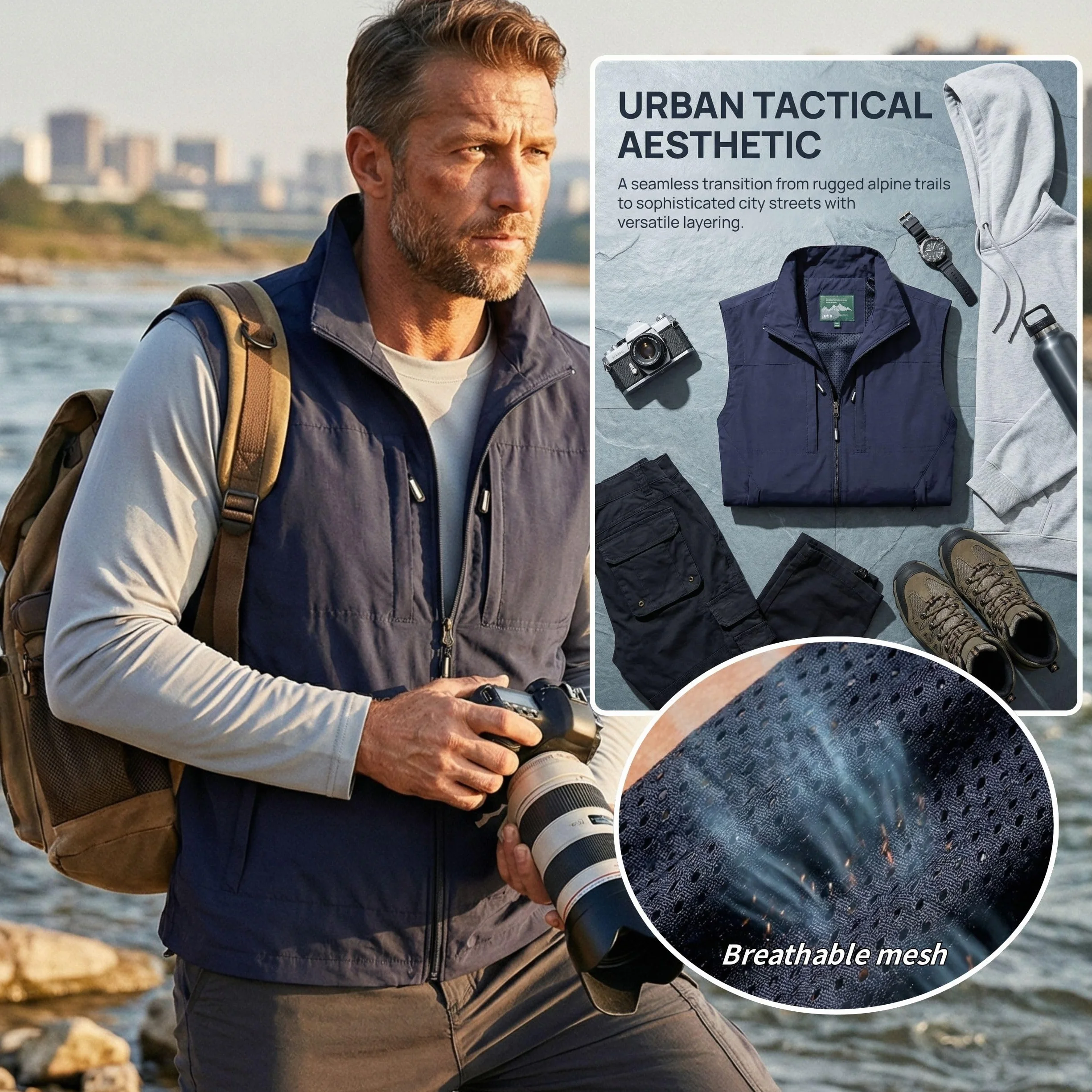 Chaleco de Pesca Multi Bolsillos Transpirable Secado Rápido para Hombre Trabajo Senderismo