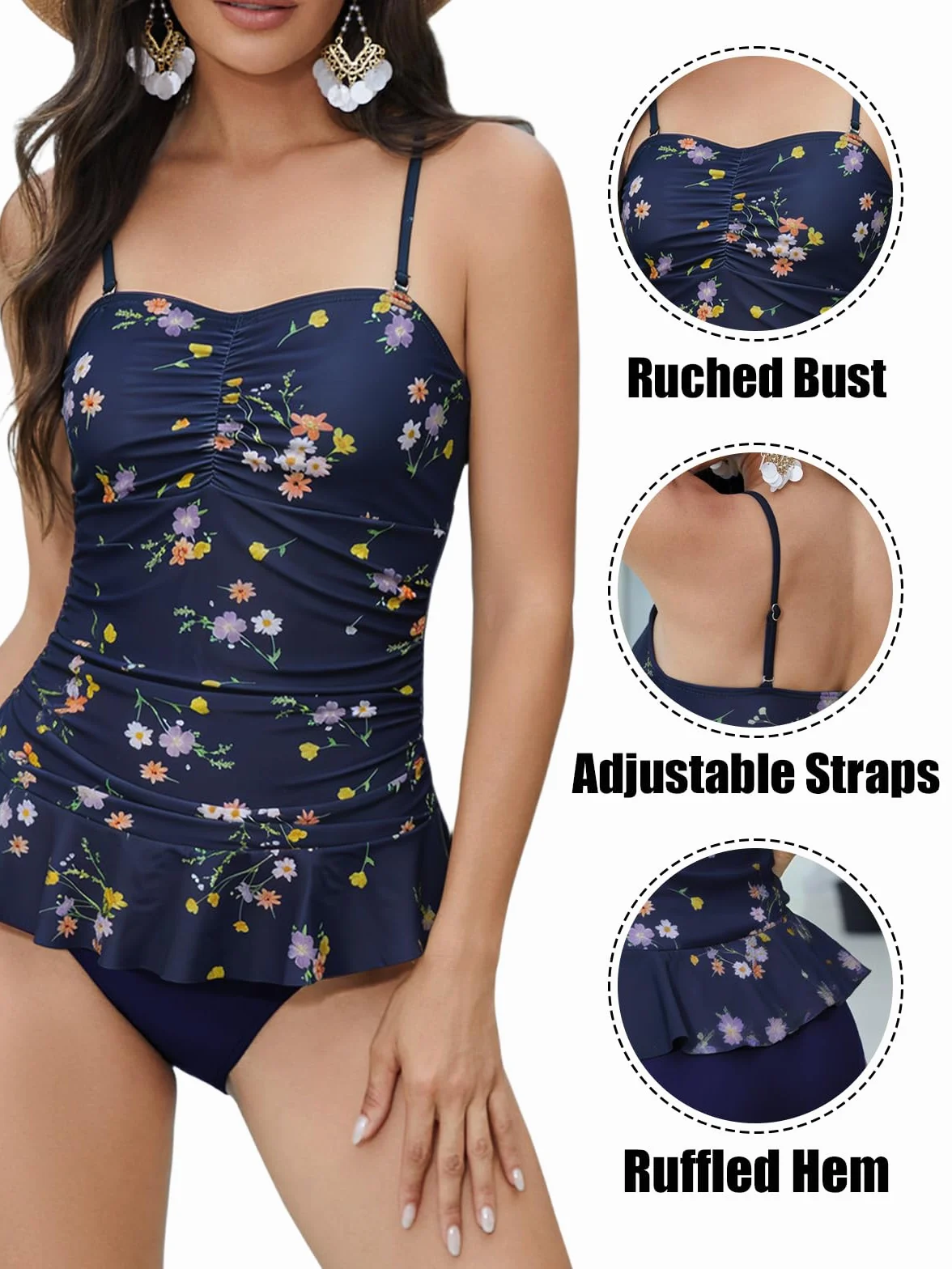 Rayson Trajes de Baño Mujer 2 Piezas Volante Tankini Bañador Plisado Abdominal Top y Bottom Tirantes Ajustables