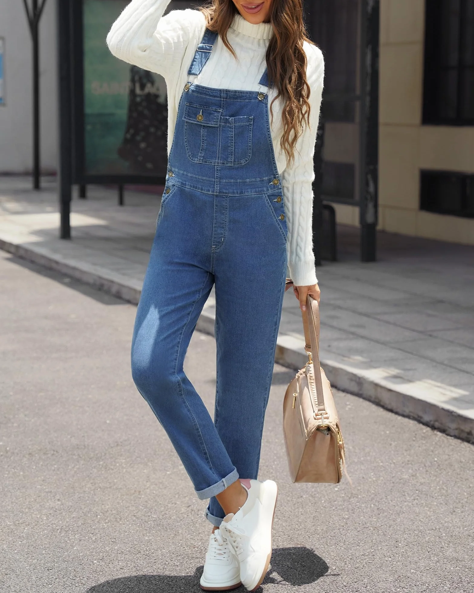 Peto vaquero mujer elástico pierna recta overall mezclilla correas ajustables