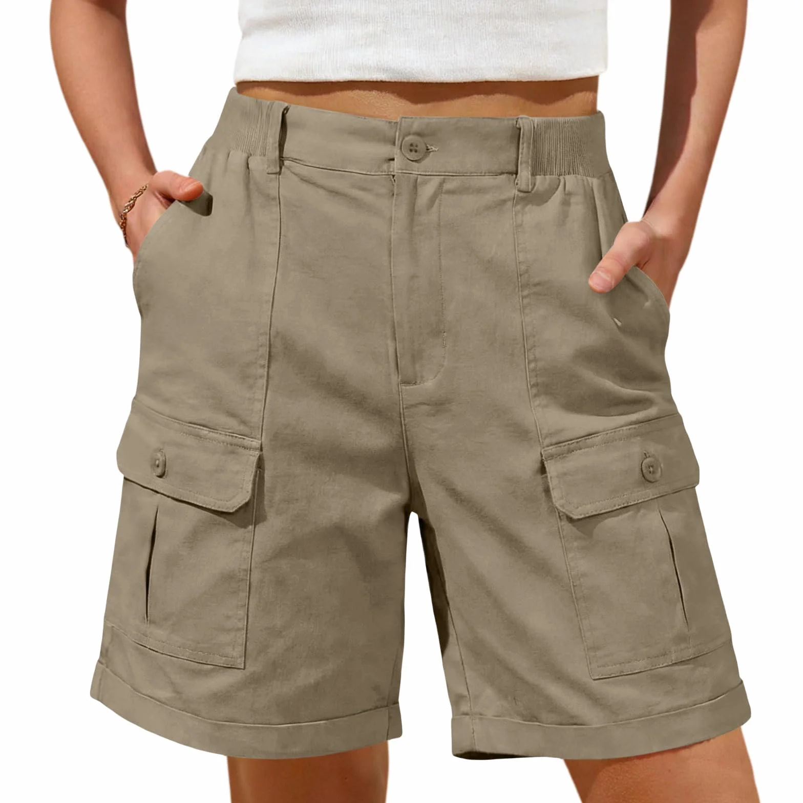 Pantalones Cortos Cargo para Mujer Bermuda Casual Verano Bolsillos Botones Pierna Ancha Cintura Alta Secado Rápido