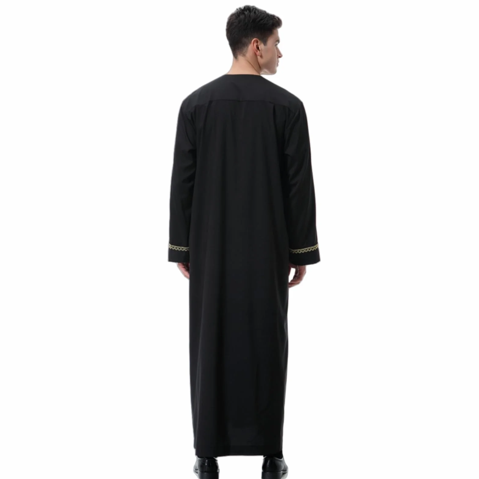 Túnica Árabe Bordada Hombre Jubba Thobe Ropa Musulmana Dubai Kaftan Blanco Negro M-3XL