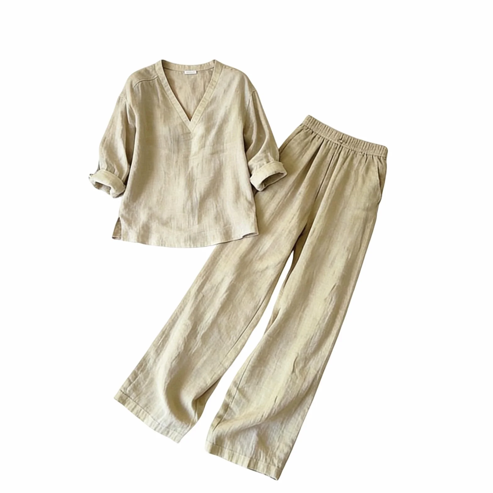 Genérico Conjunto Lino Mujer Verano 2 Piezas Sueltas Algodón y Lino Traje de Primavera Ligero Chándal Blusa Manga Larga Pantalones Moda Tallas Grandes Ropa de Playa Vacaciones Deportivo Casa Trabajo