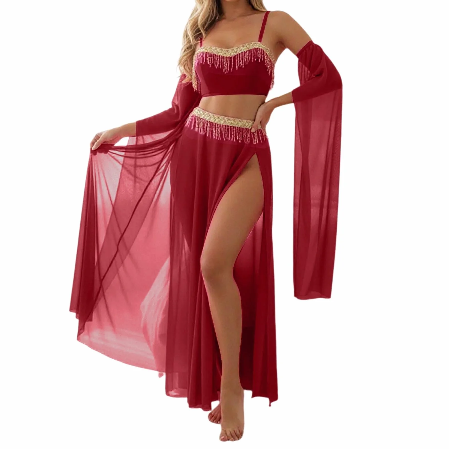 Disfraz Danza del Vientre Vestido Largo Transparente Malla Lentejuelas