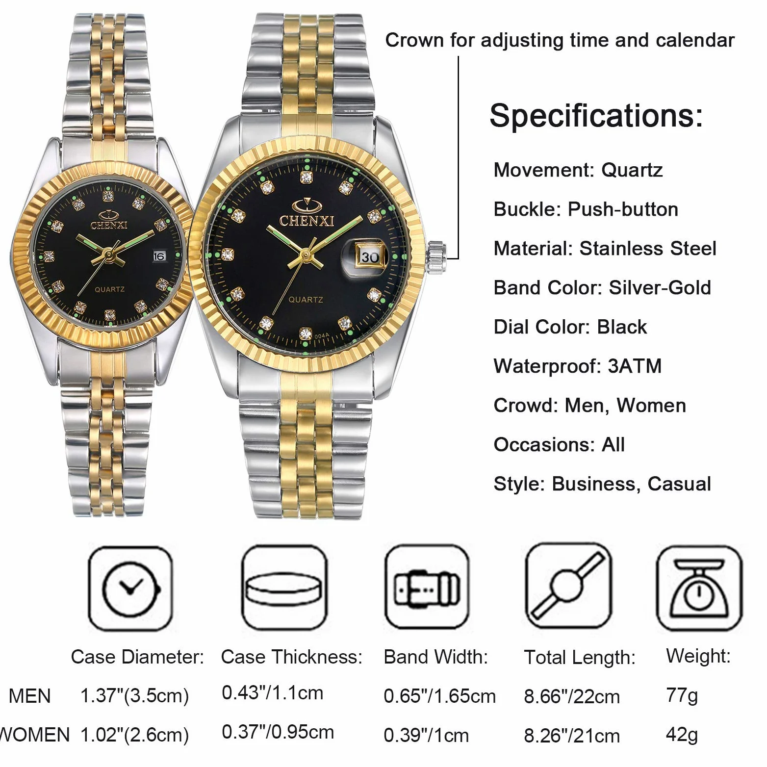 JewelryWe Reloj analógico de Cuarzo con Calendario, 30 m de Pulsera de Acero Inoxidable para Hombre y Mujer, Reloj de Pulsera de Diamantes de imitación