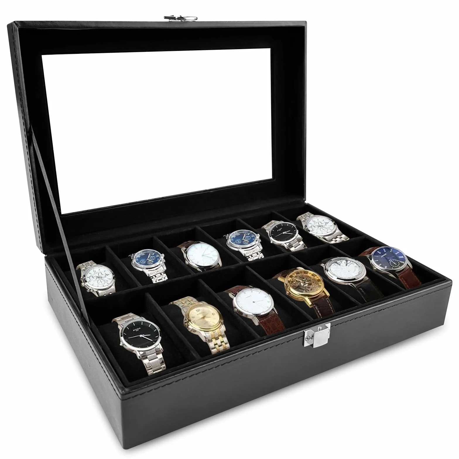 Caja de Relojes con 12 Compartimentos, Soporte de Exhibición con Tapa de Cristal, Almohadilla Extraíble