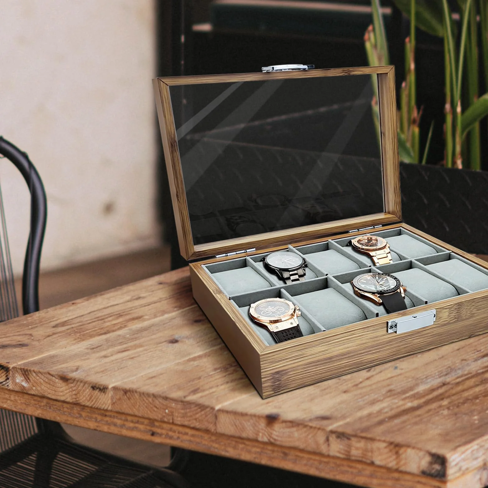 Caja Relojes de Madera con Almohada Extraíble, Estuche Relojero Organizador para Hombre 10 Ranuras