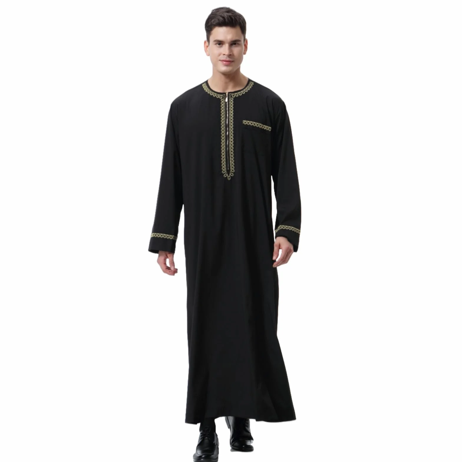 Túnica Árabe Bordada Hombre Jubba Thobe Ropa Musulmana Dubai Kaftan Blanco Negro M-3XL