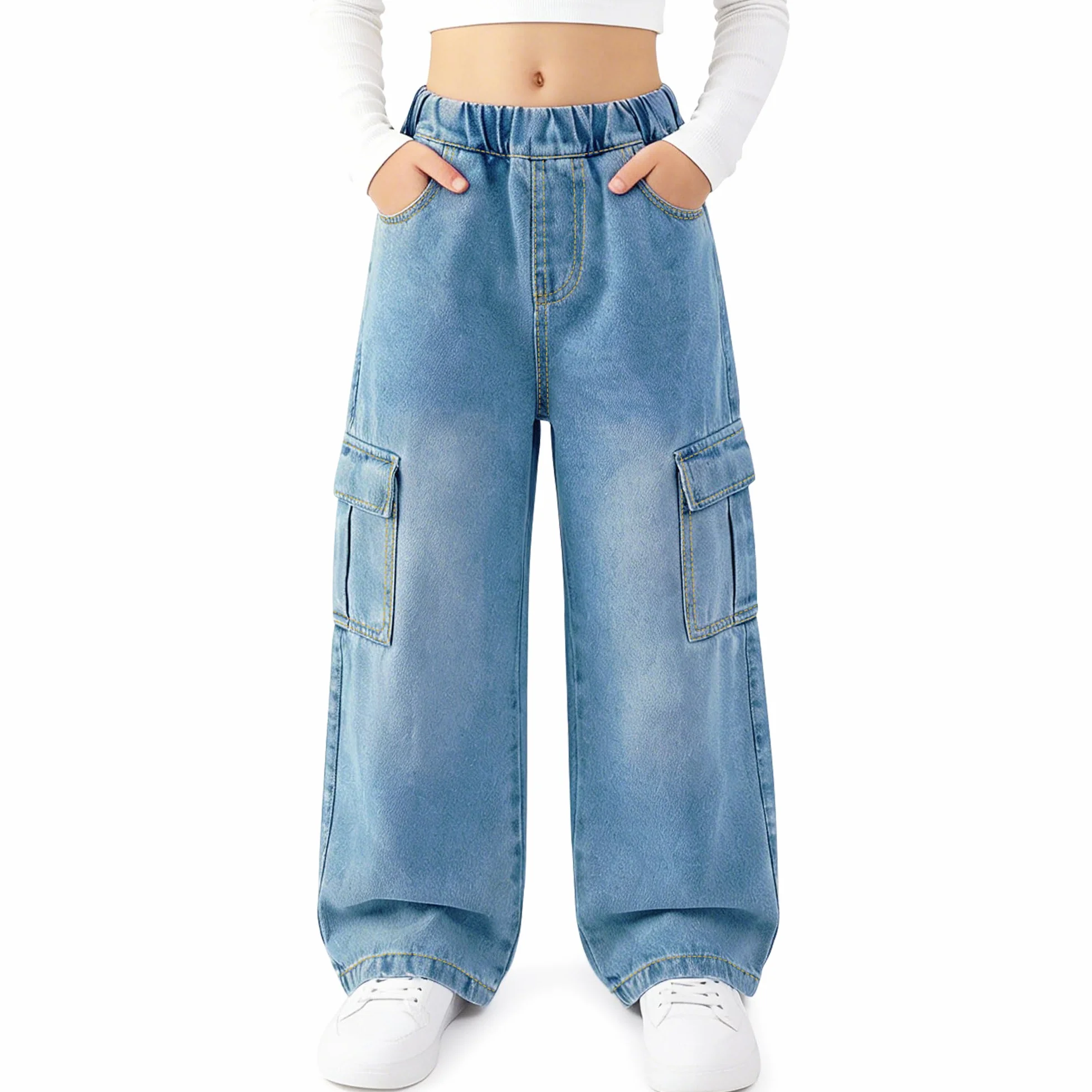 Vaqueros Cargo para Niña Baggy Cintura Elásticos Denim Jeans Pierna Anchos Pantalones Largo Stretch Múltiples Bolsillos Casual Moda 7-15 Años