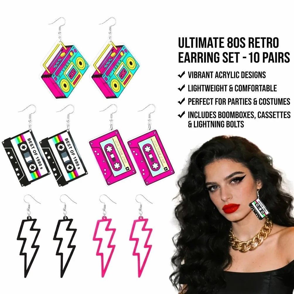 Pendientes de Neón Años 80 Retro Cintas de Casete 6 Pares Mujer
