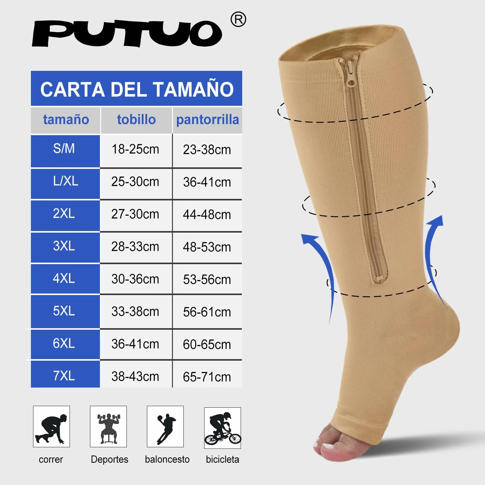 PUTUO Medias de Compresion Talla Grande: Calcetines de Compresión con Cremallera Punta Abierta para Hombre y Mujer 1par