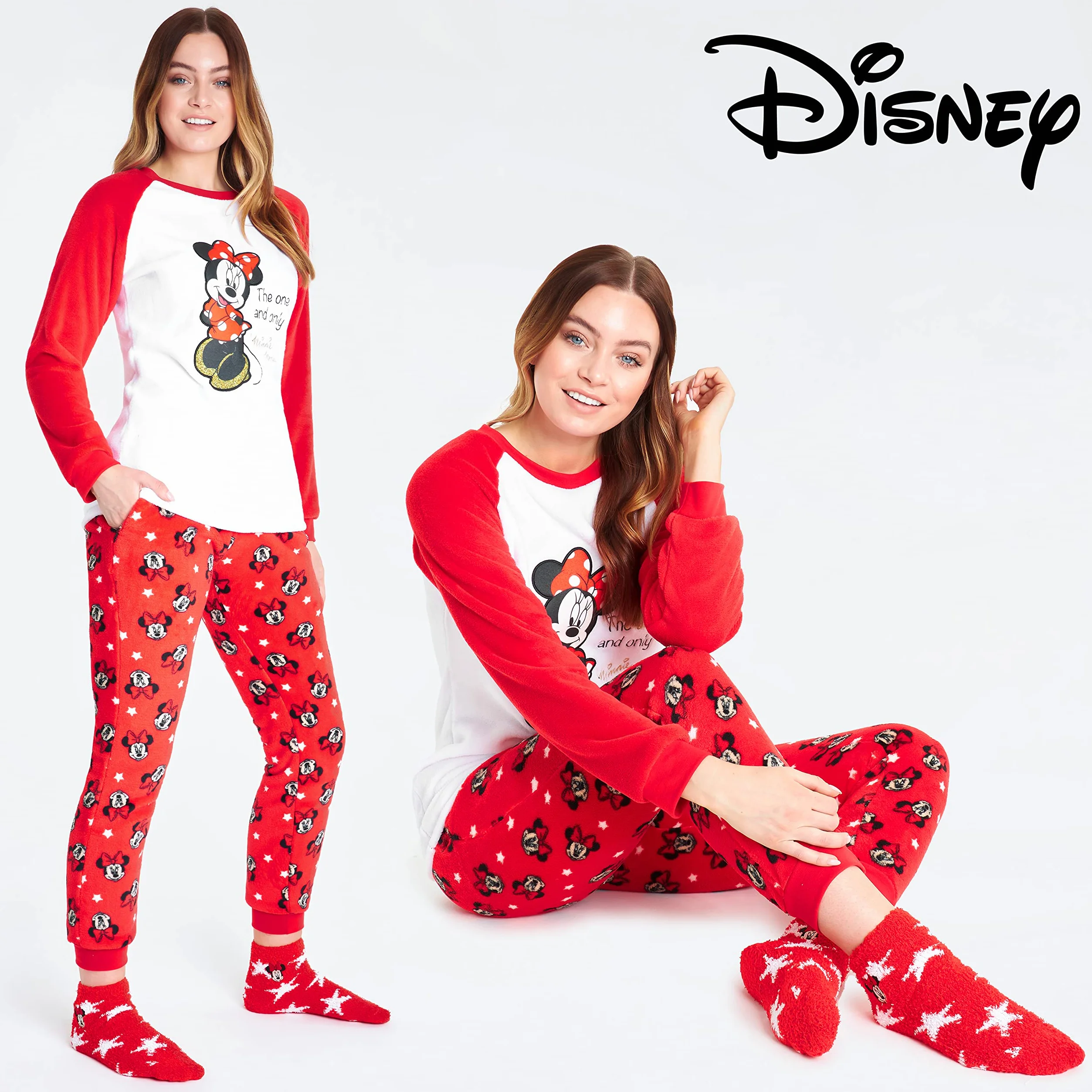Disney Pijama Mujer Invierno de Polar con Calcetines Stitch Mickey Minnie Baby Yoda (Blanco/Rojo Minnie, L), 8691