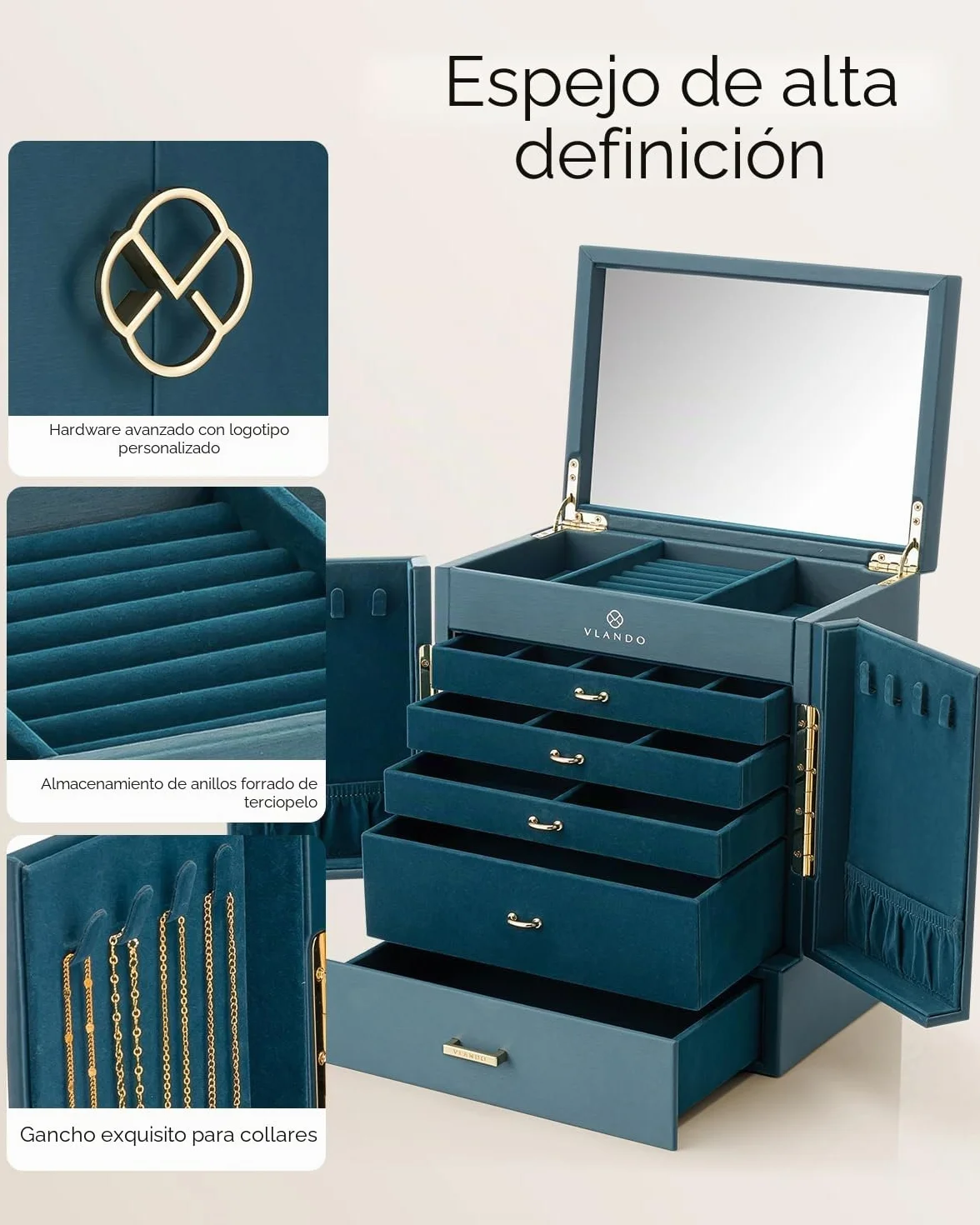VLANDO Joyero grande vintage 6 niveles con espejo y cajones, organizador de joyas XXL para mujer