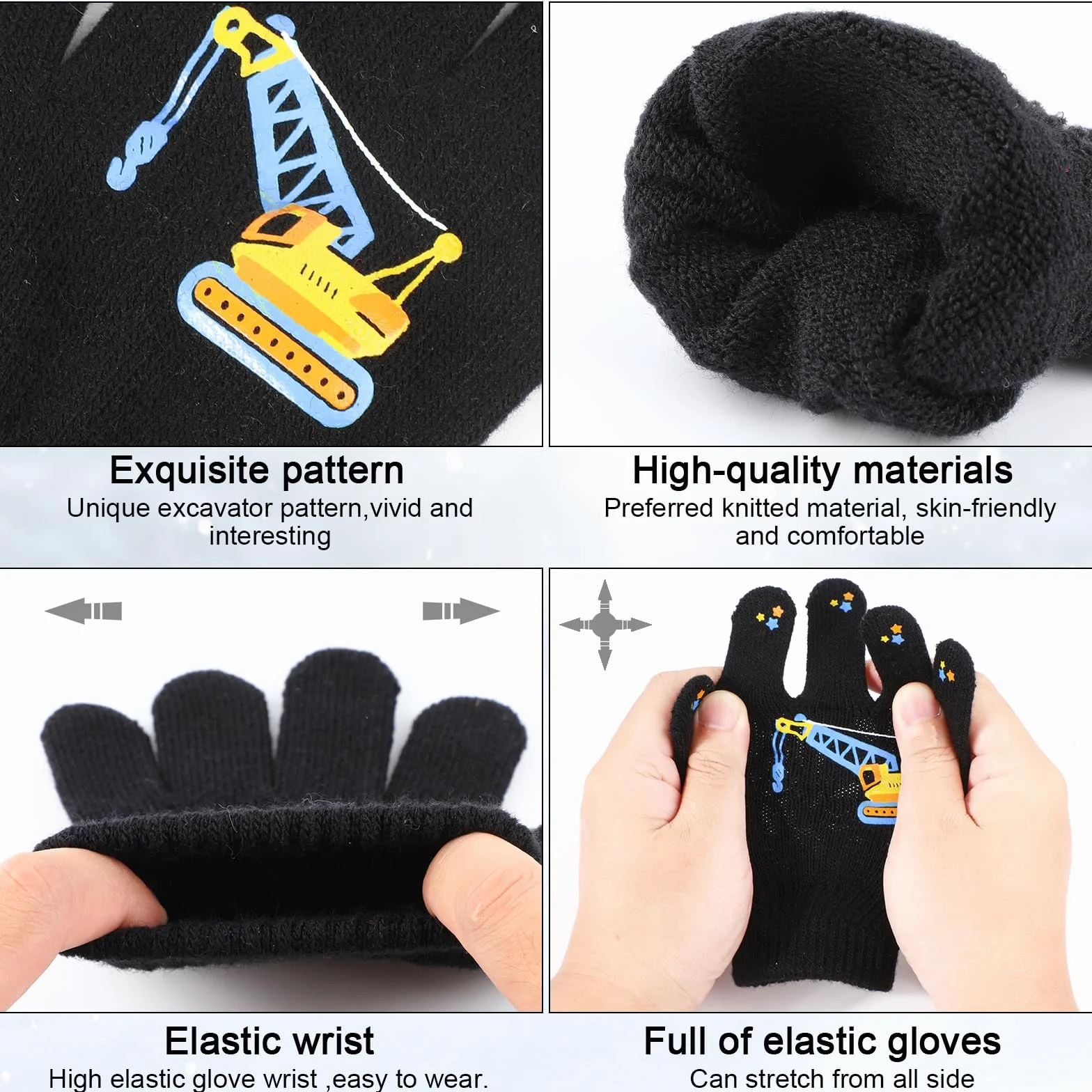 QKURT Guantes Mágicos Infantiles de Invierno Térmicos Dedos Completos para Niños Dinosaurios Excavadoras