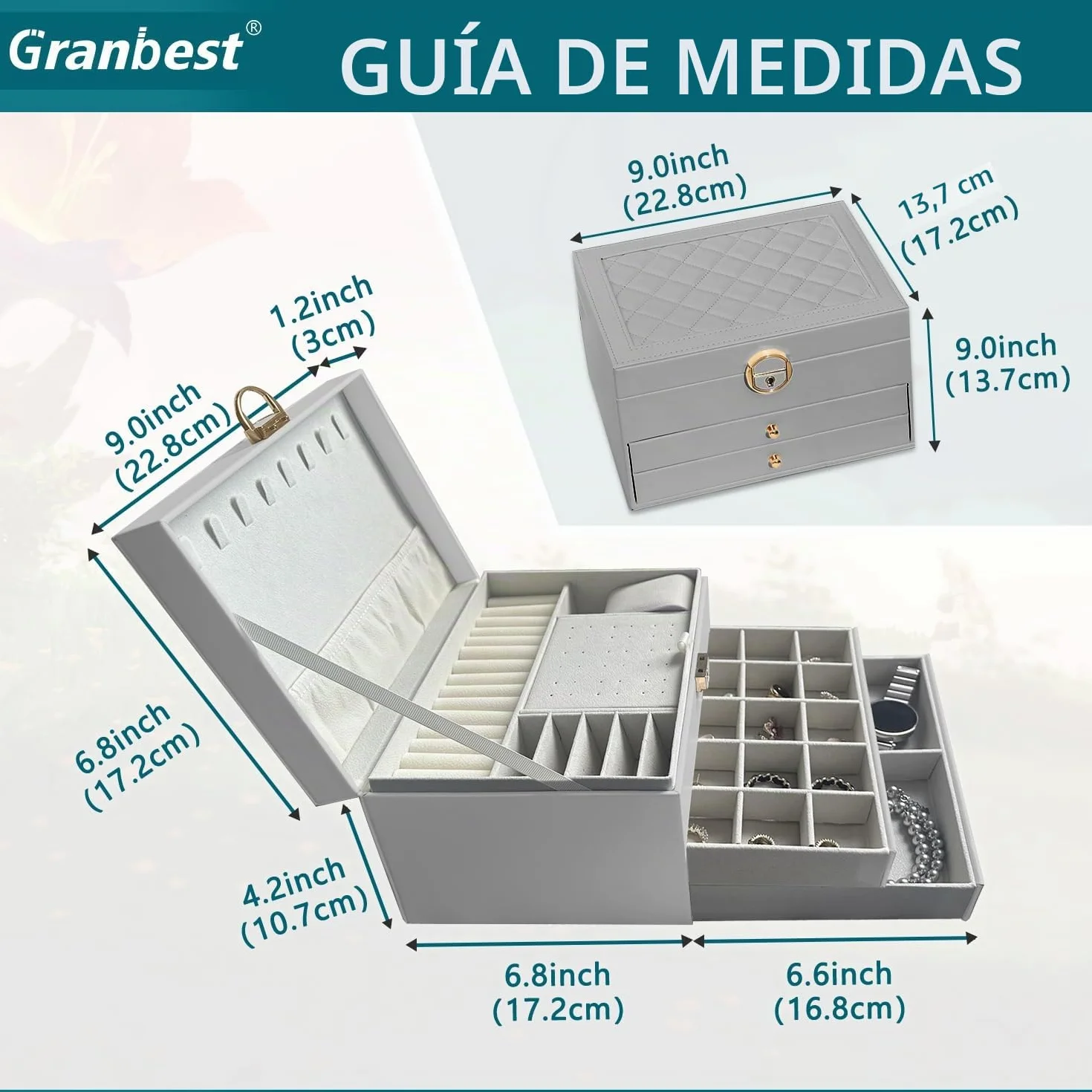 Granbest Joyero de 3 niveles con 2 cajones, caja de joyería de cuero para collares, pulseras, anillos y pendientes (gris)