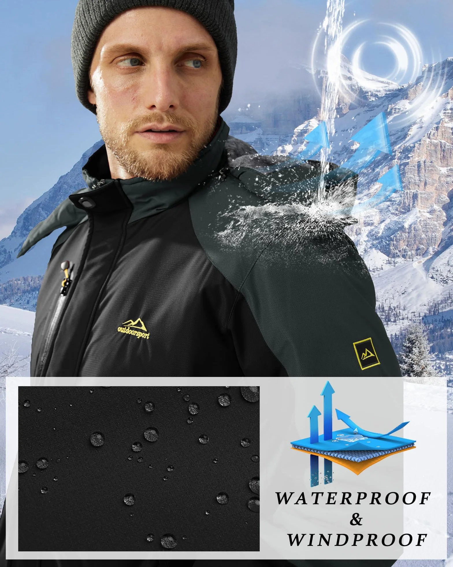 Chaqueta Invierno Hombre Impermeable Esquí con Forro Cálido y Capucha Extraíble
