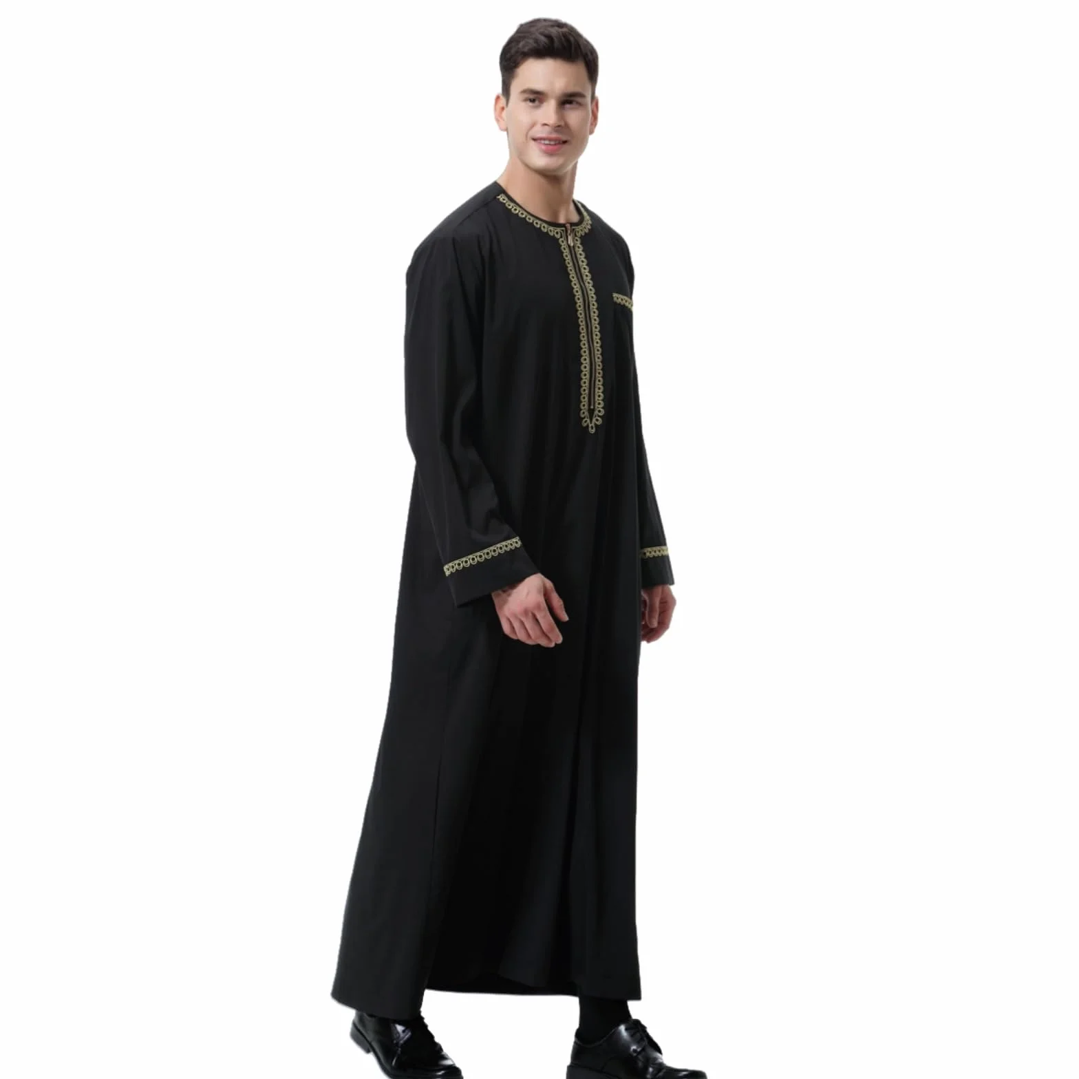 Túnica Árabe Bordada Hombre Jubba Thobe Ropa Musulmana Dubai Kaftan Blanco Negro M-3XL
