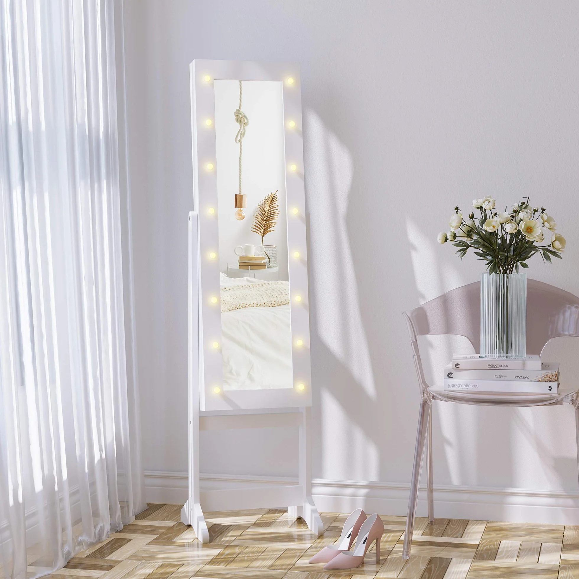 HOMCOM Espejo Joyero con Luces LED, Armario para Joyas, de Pie, Espejo Entero, Ángulo Ajustable, Blanco Cálido
