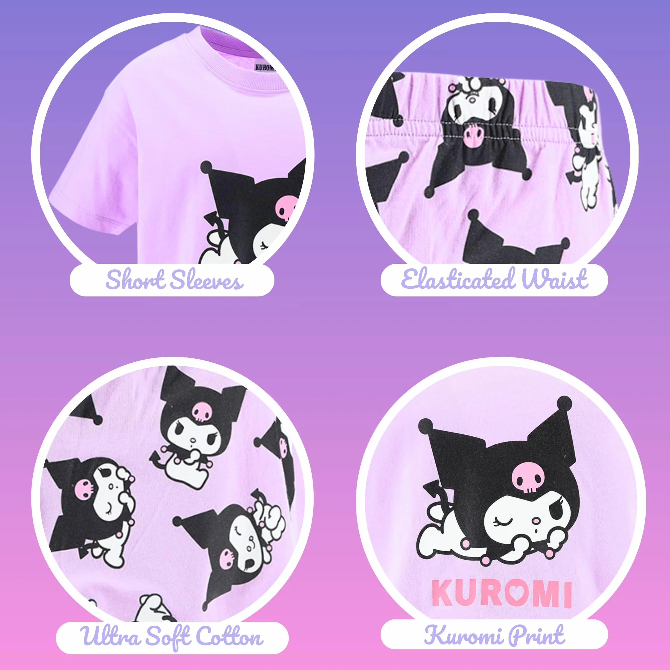Hello Kitty Kuromi Camiseta y Pantalon para Niña, Pijama Conjunto 2 Piezas Camiseta Manga Corta y Pantalon Corto, Tallas 8 a 14 Años
