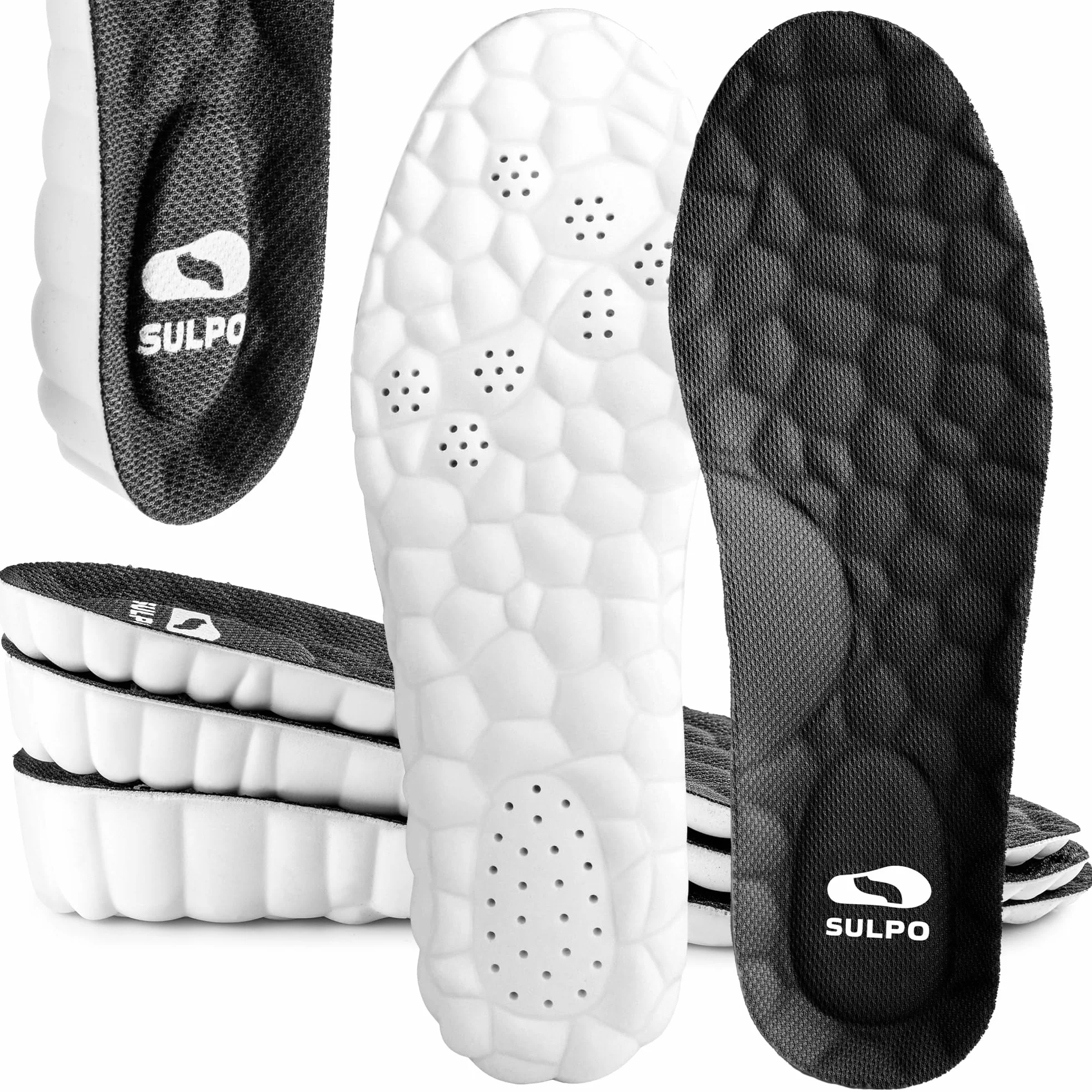 SULPO Plantillas elevadoras de espuma viscoelástica 3 alturas amortiguadoras antideslizantes negras talla 41-42 EU altura 2 cm