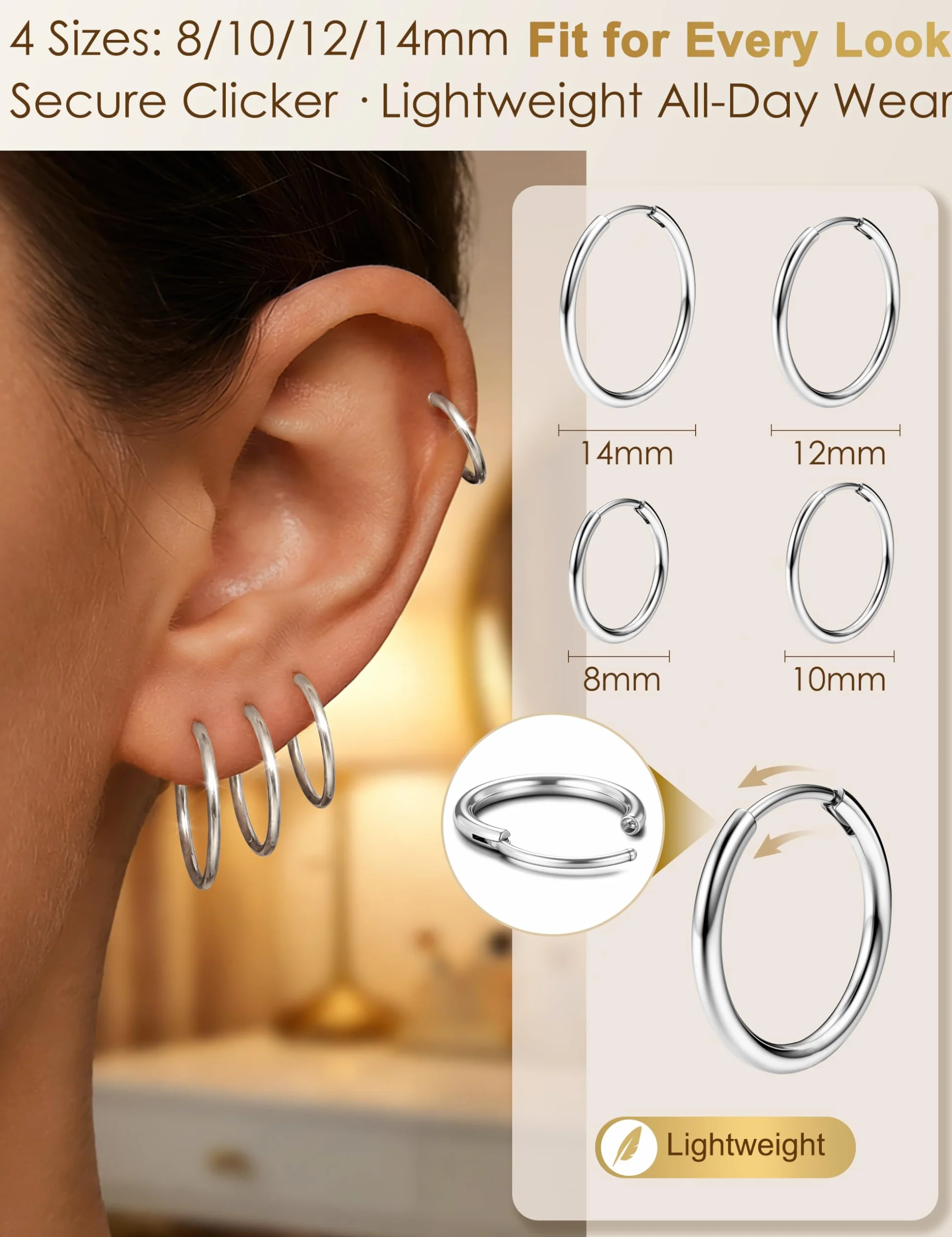 Pendientes de Aro 316L Acero Quirúrgico Hipoalergénico para Mujer Hombre 16G Cartílago Tragus Helix