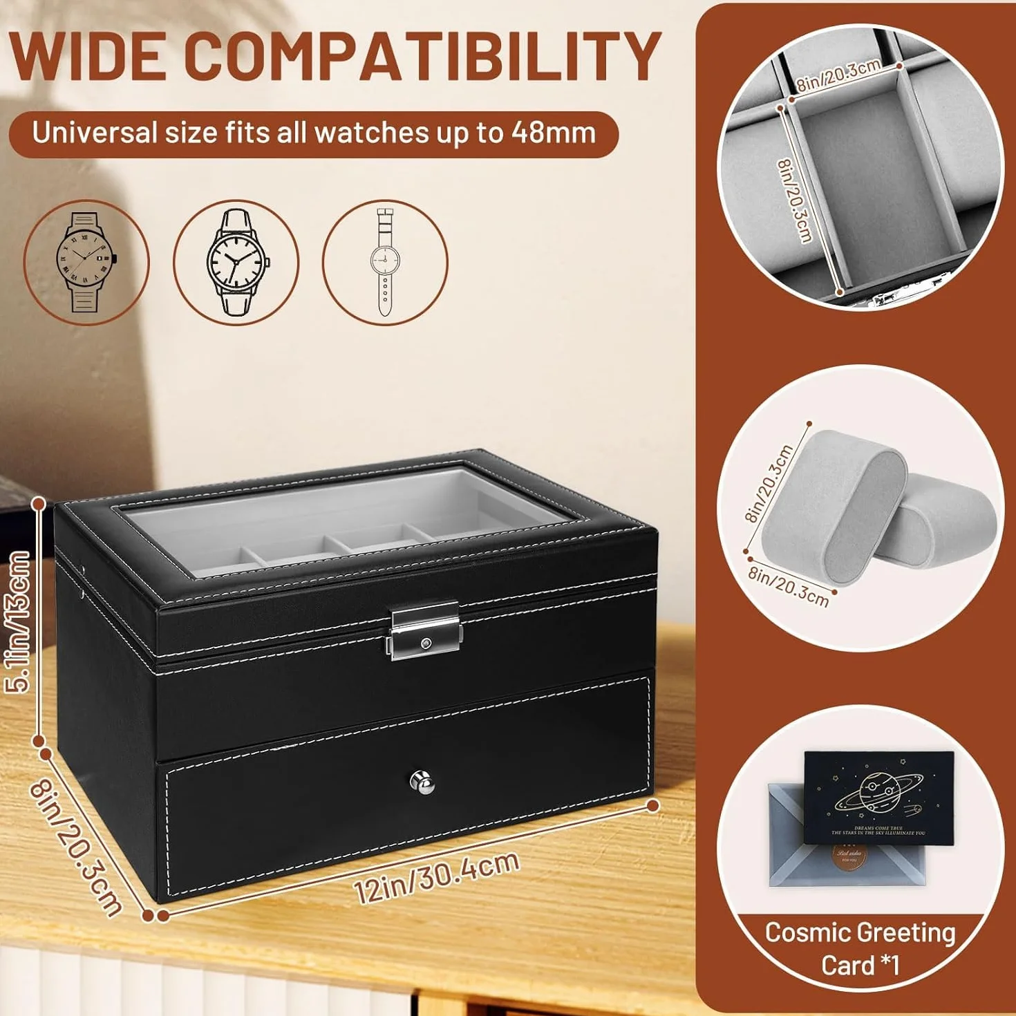 Caja de Relojes con Dos Capas, Estuche Relojero Organizador, Tapa de Cristal, PU Negro