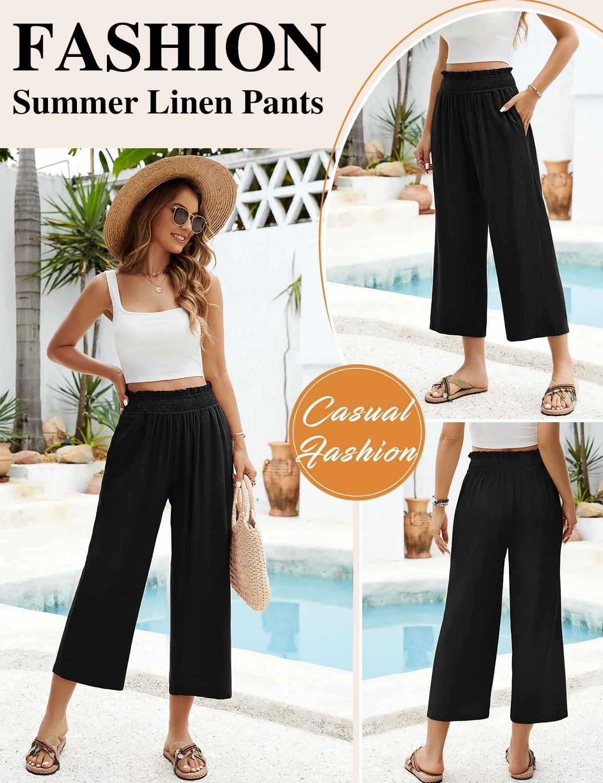 Pantalones Lino Mujer 3/4 Verano Anchos Algodón Alta Cintura Elásticos con Bolsillos