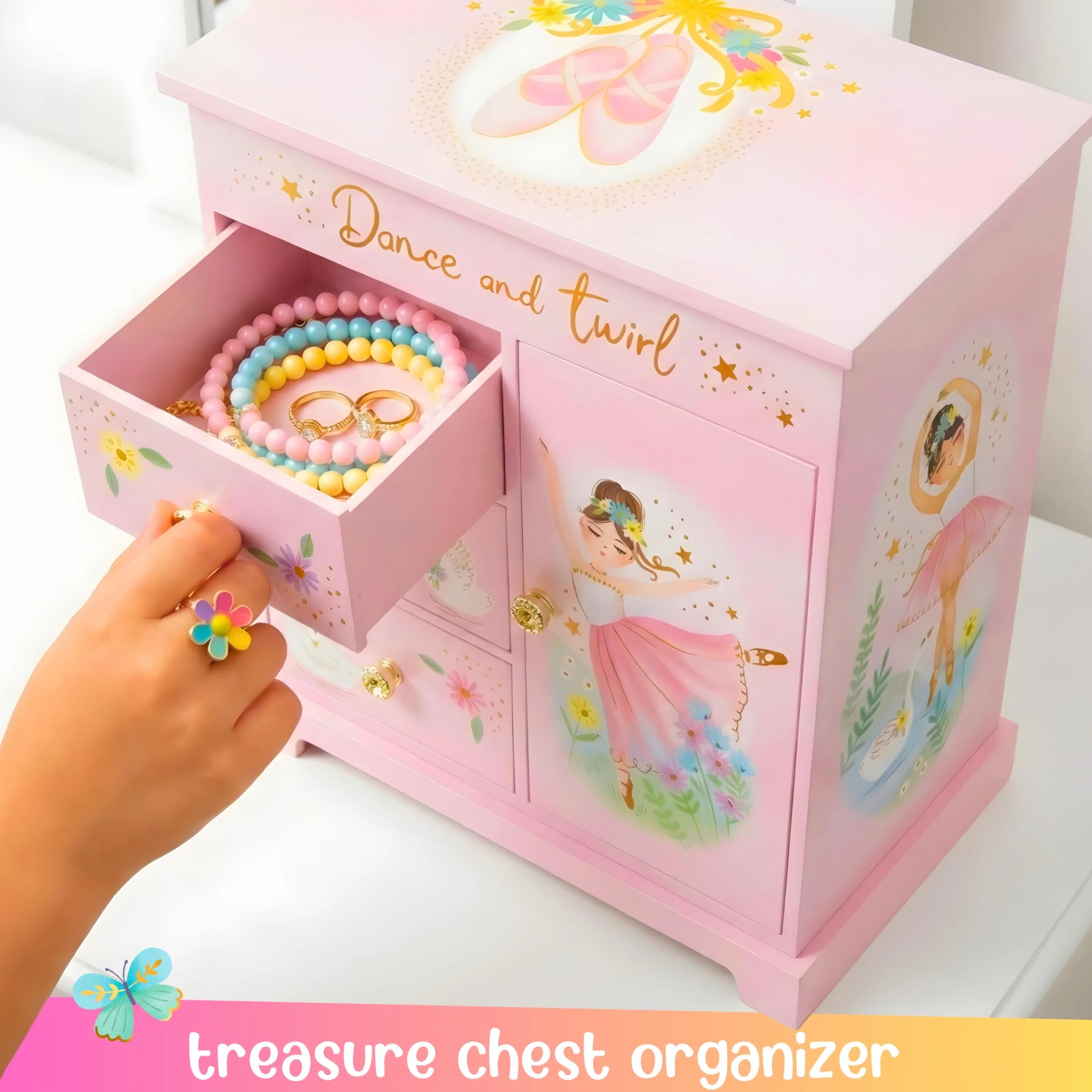 Giggle & Honey Caja de Música Grande con Bailarina y Tres Cajones para Niñas - Joyero Musical con Espejo, Regalo Cumpleaños 3-10