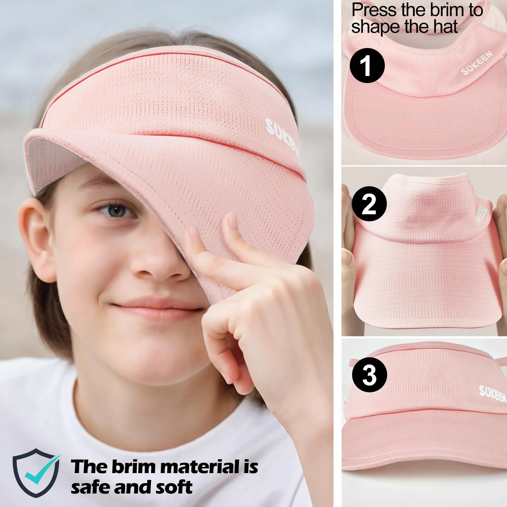 Sukeen Gorra solar de secado rápido para mujer, visera protección UV elástica con banda transpirable para niños 5-12 años
