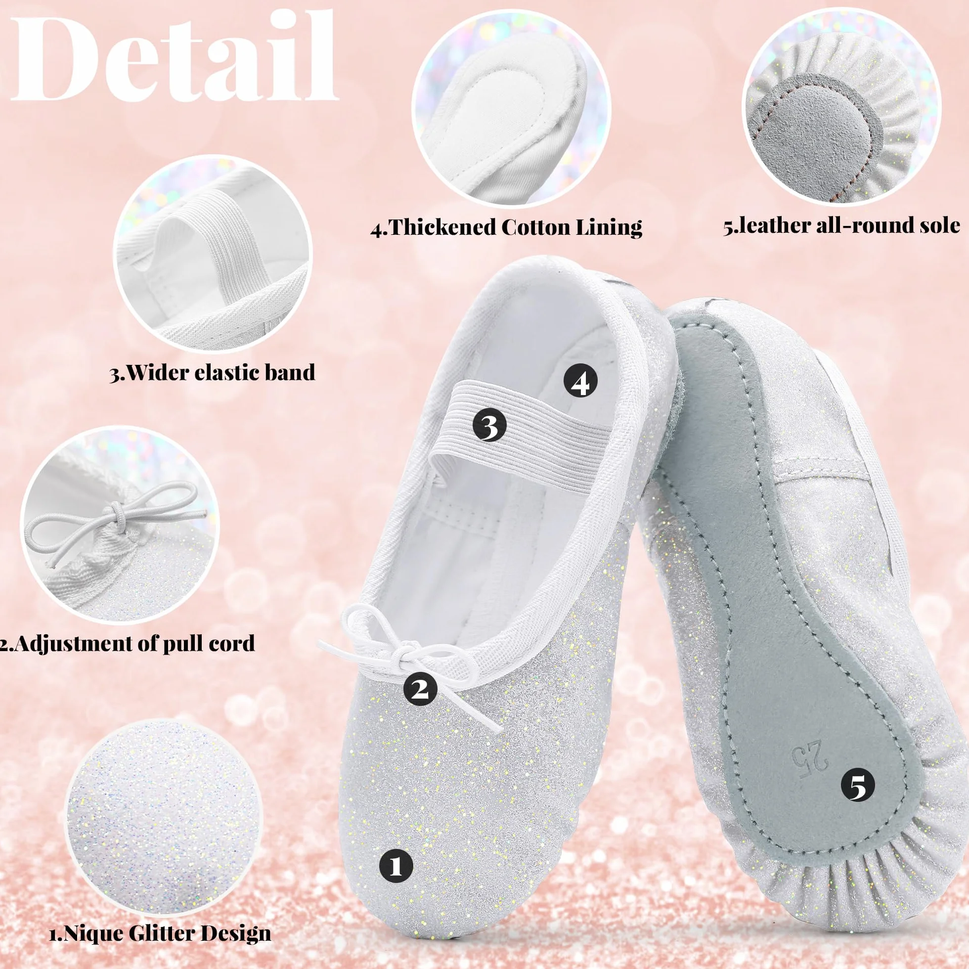 Zapatos de ballet para niñas con purpurina, piel y suela completa