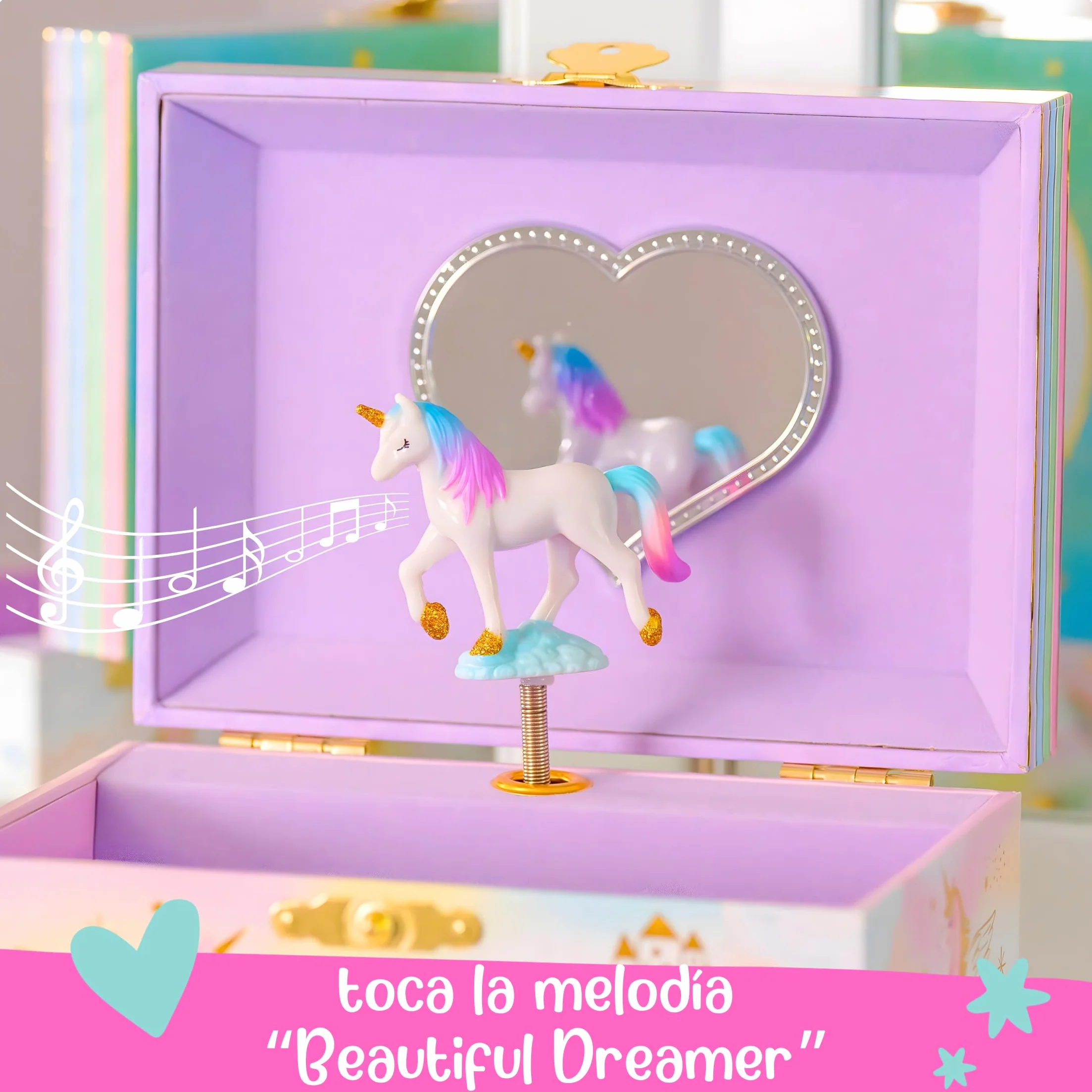 Giggle & Honey Joyero Musical Grande de Unicornio con Dos Cajones para Niñas - Caja de Música Infantil con Espejo