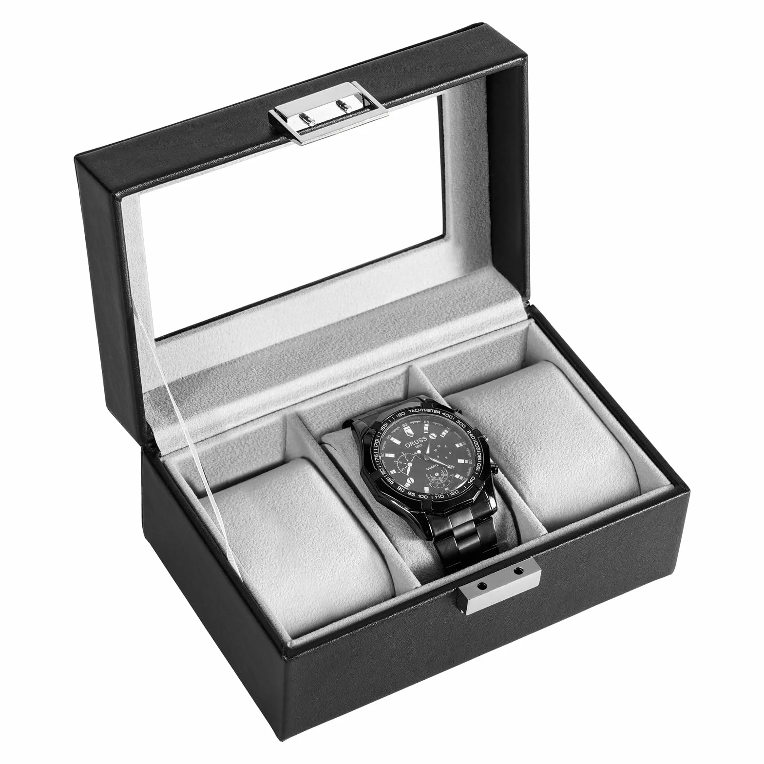 ProCase Caja de Relojes 3 Compartimentos Tapa de Cristal Cojín Extraíble Organizador Negro
