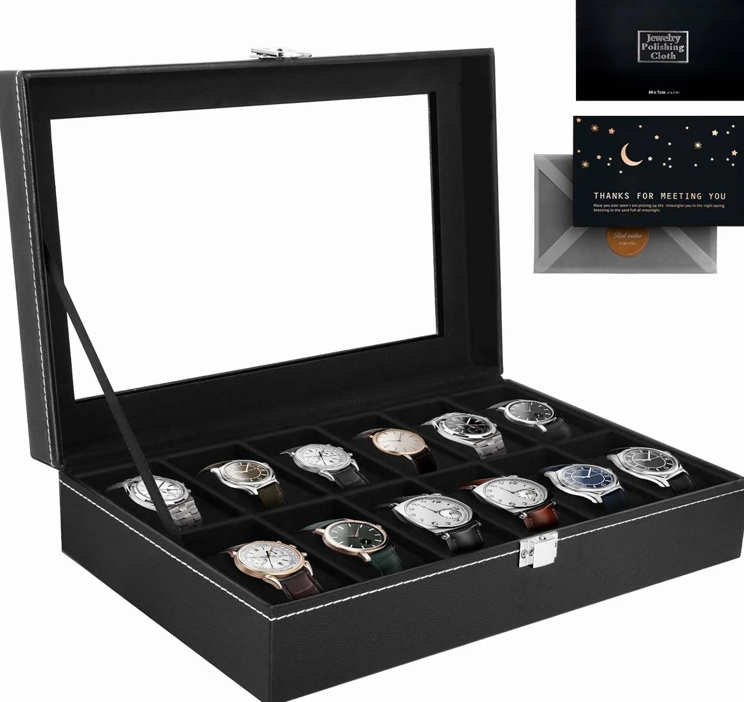 Caja de Relojes con Tapa de Cristal y Cojín Extraíble 12 Ranuras Organizador