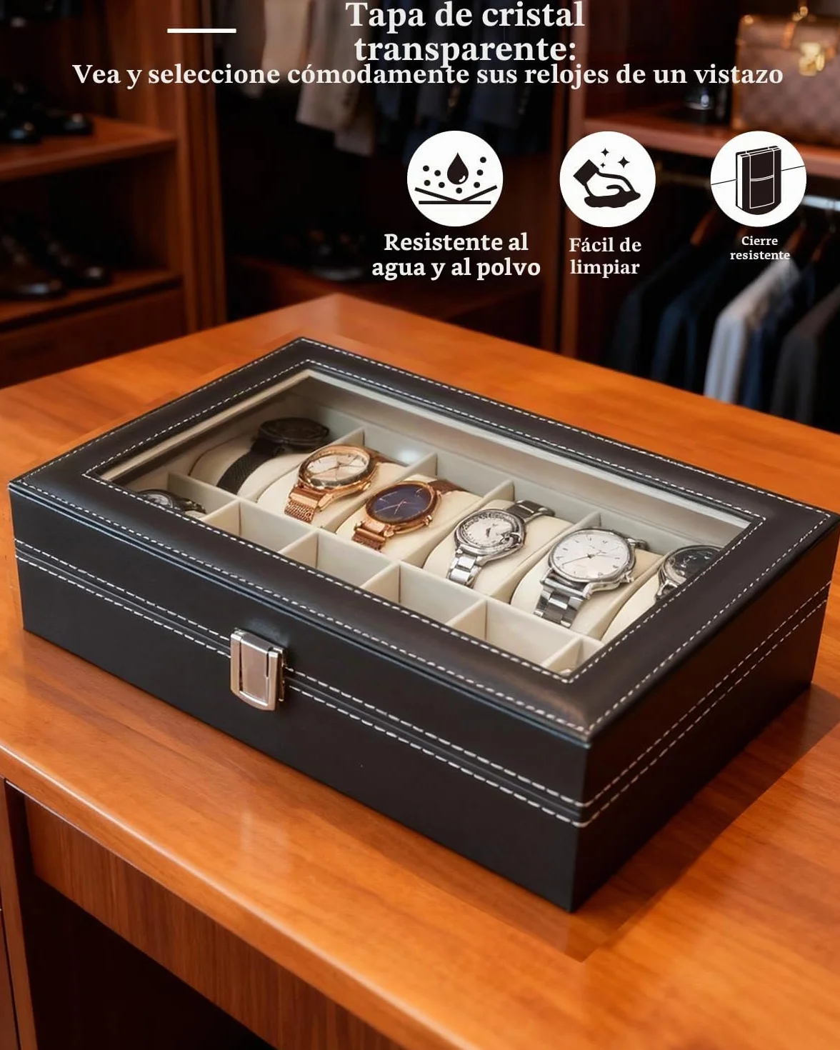ATPEAM Caja para Relojes 12 Compartimentos Organizador Estuche Almacenamiento Tapa Cristal