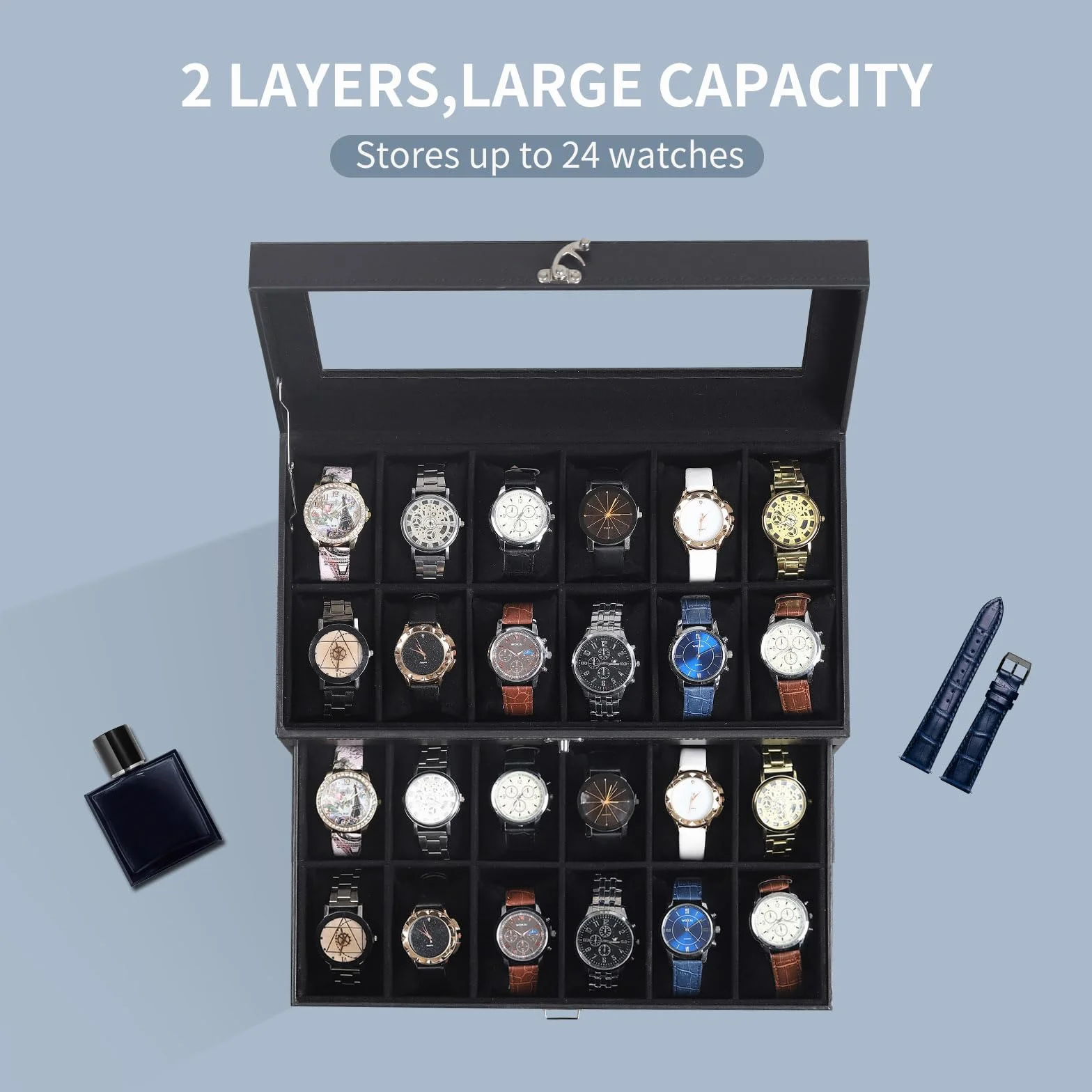 AUTOARK Caja organizadora de 24 relojes con tapa de vidrio y cajón de joyas de cuero y terciopelo, negro MKAW035