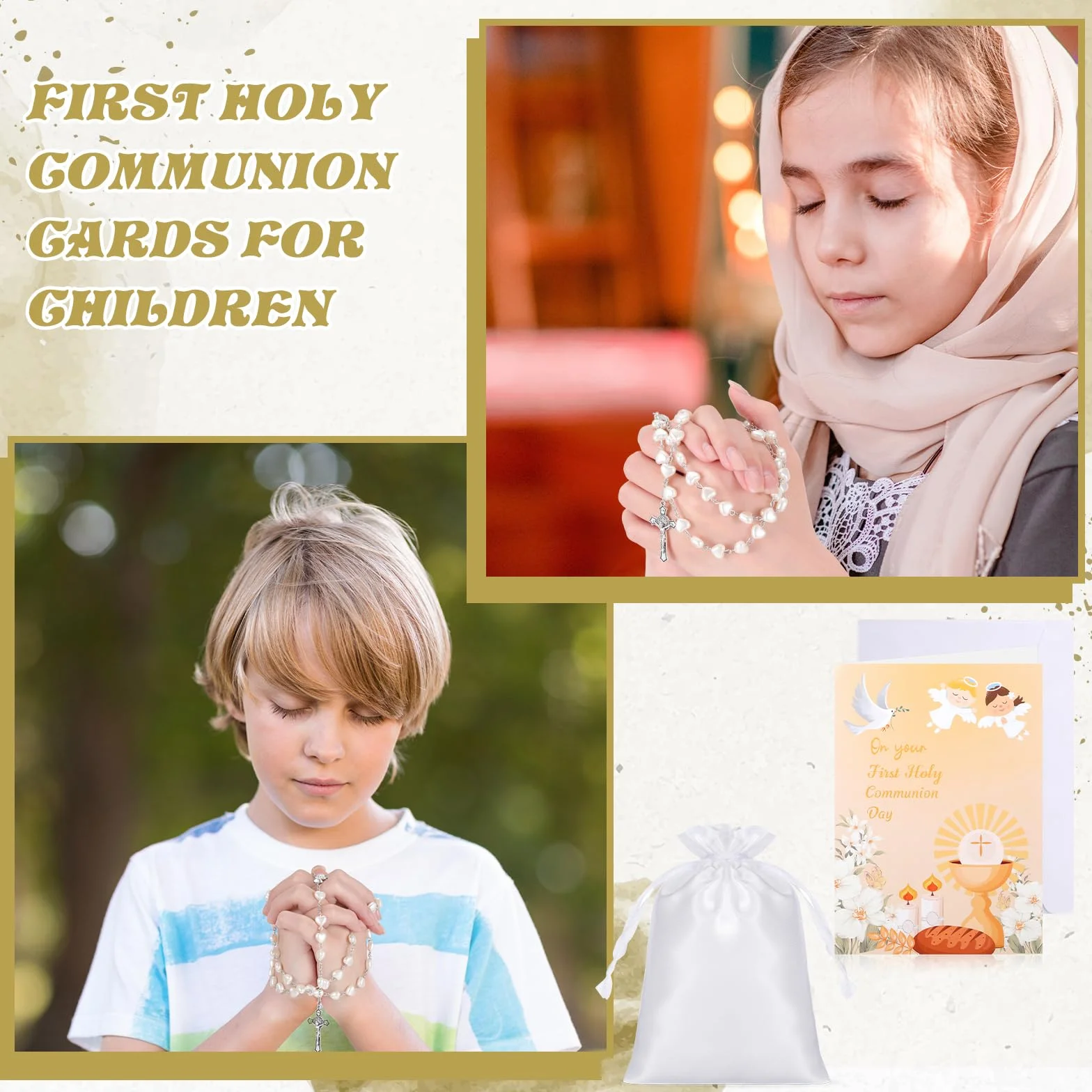 Set de 3 Rosario Corazón Primera Comunión con Tarjetas y Bolsa Cordón Collar Metálico Cruz Perlas Católicas para Niñas Niños Regalo Bautizo