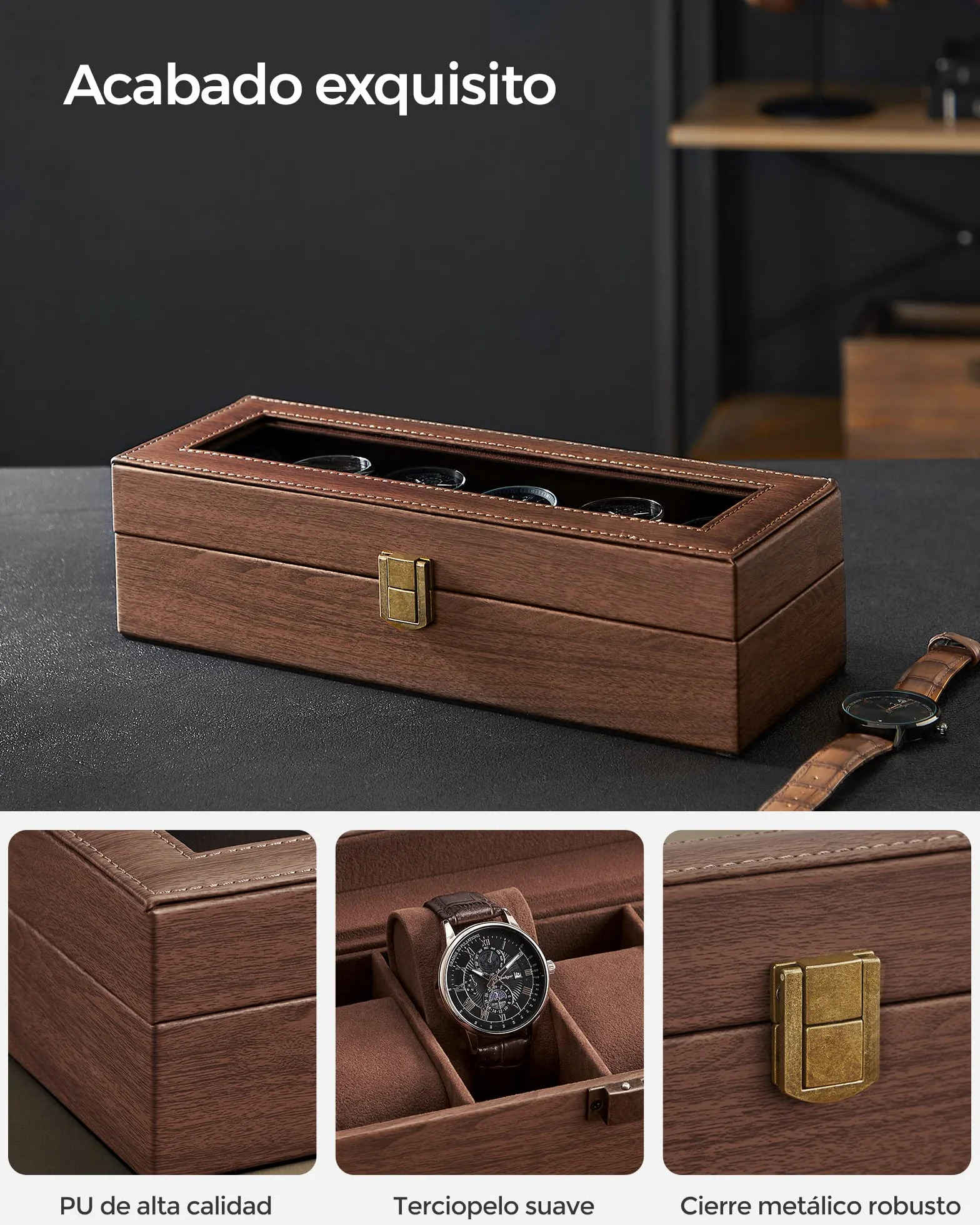 SONGMICS Caja de Relojes 6 Compartimentos, Estuche con Tapa de Cristal, Cuero Sintético Marrón JWB006K01