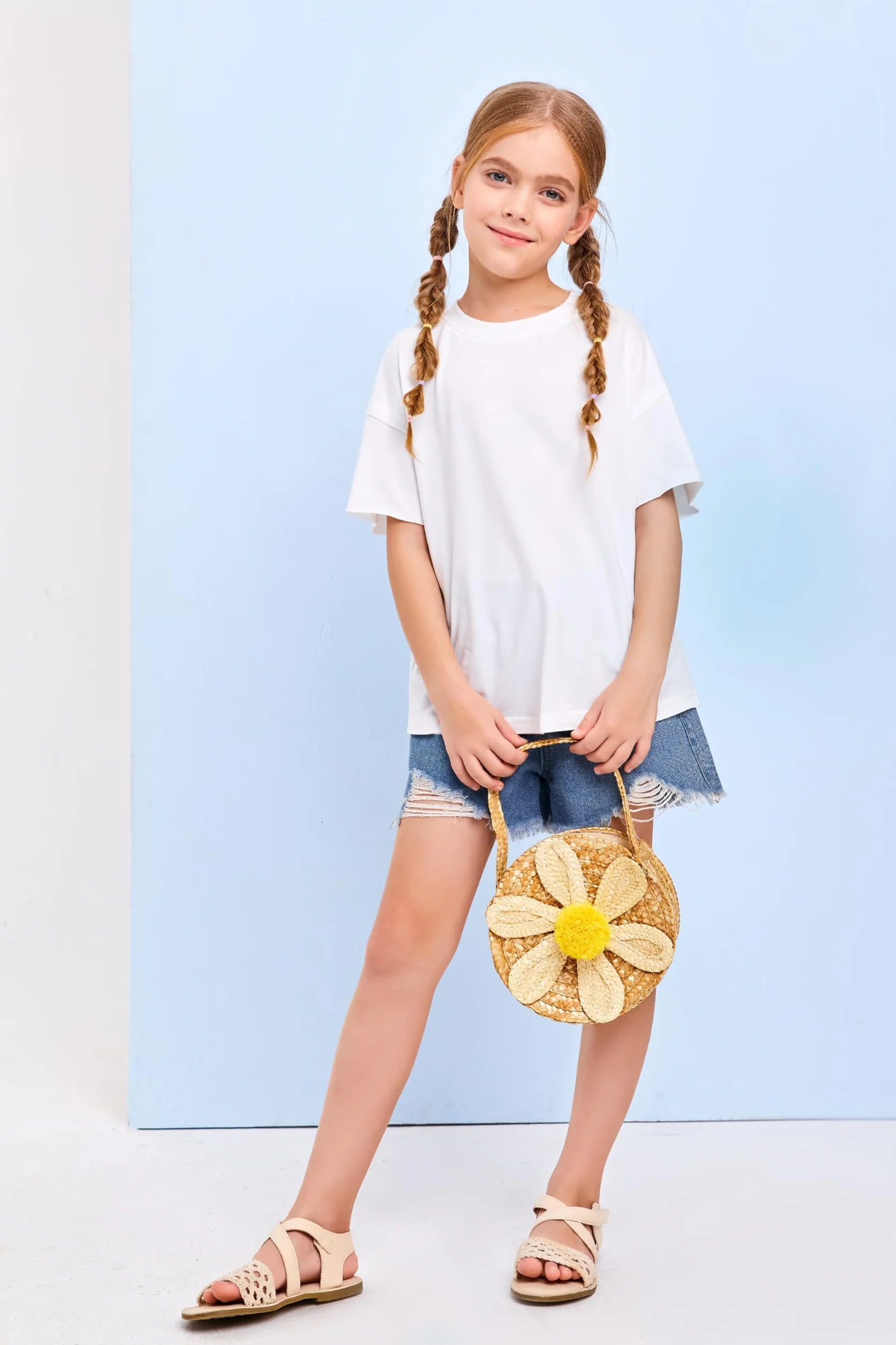 Haloumoning Camiseta de manga corta para niñas de algodón holgada cuello redondo