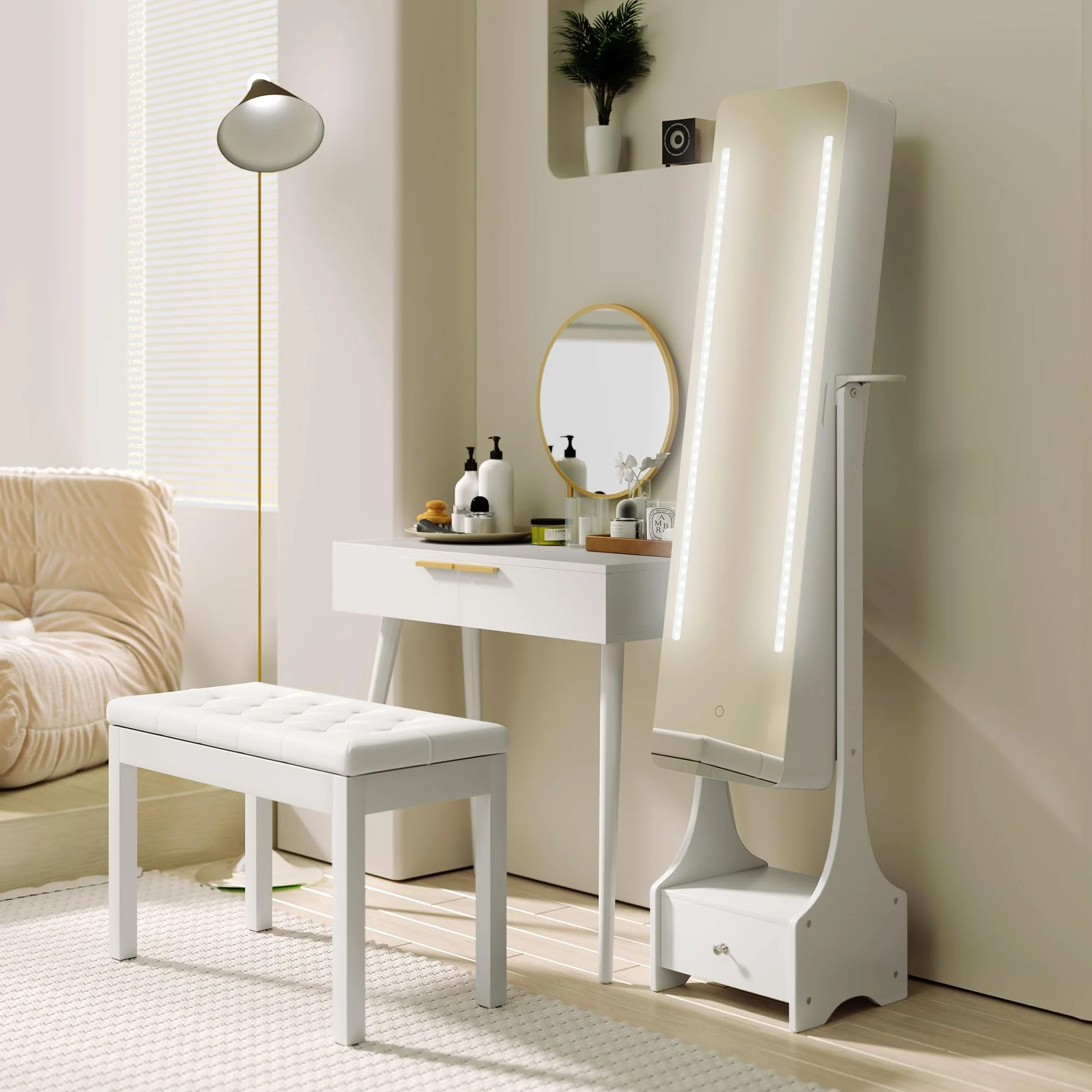 HOMCOM Espejo Joyero LED con Luces Armario Soporte Secador Ajustable Blanco