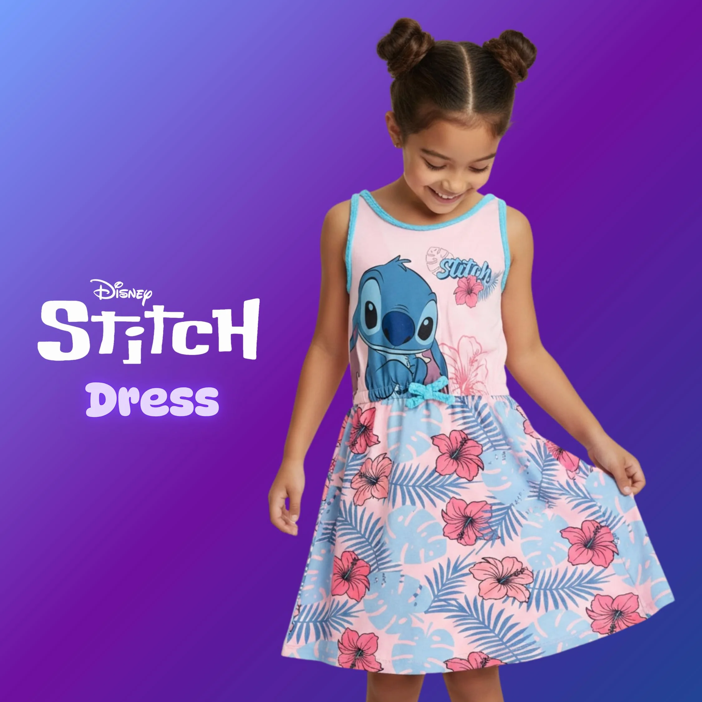 Disney Stitch Vestido para Niña Algodon Suave Tropical Manga Corta Tallas 3-8 Años