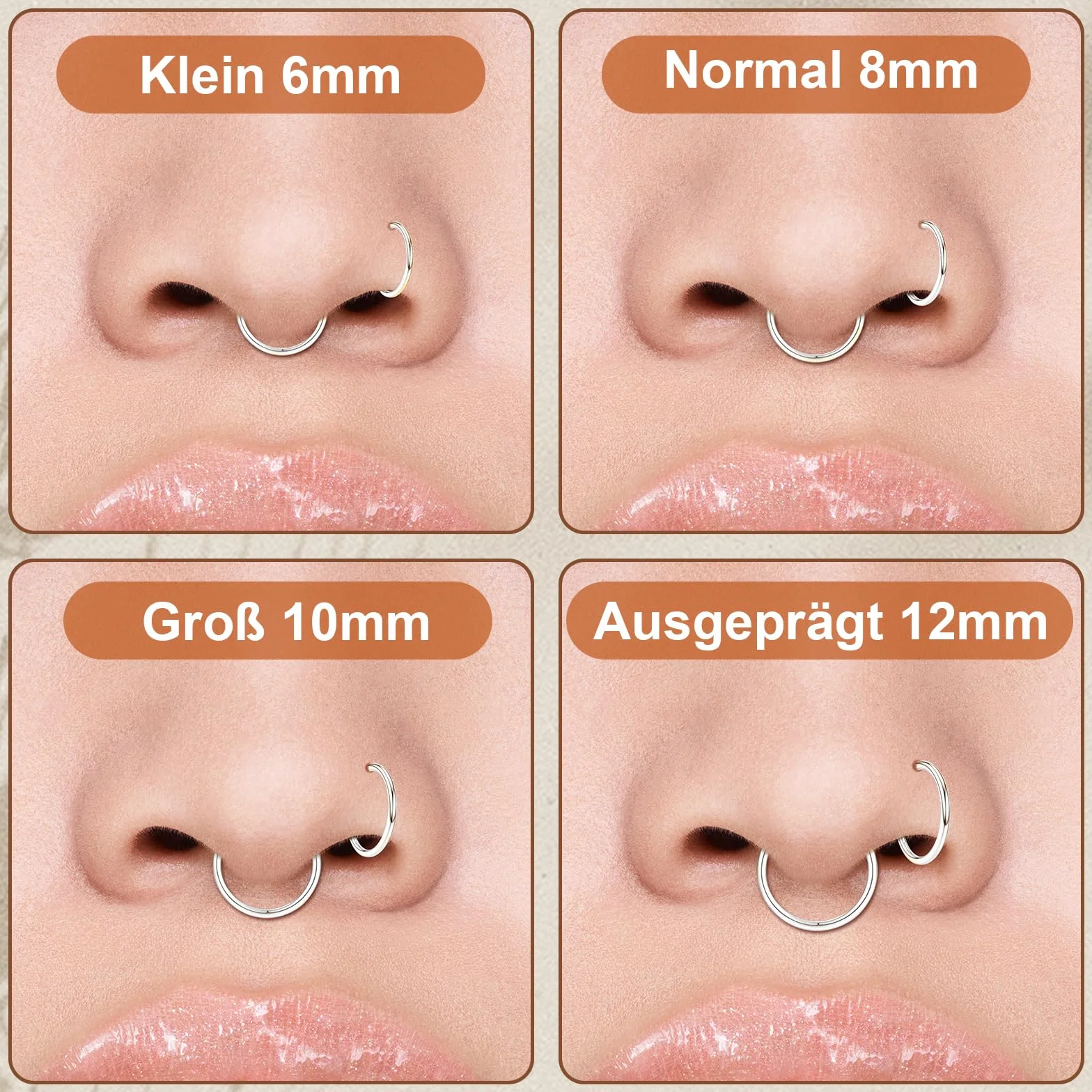 Aros Septum Acero Quirúrgico 8 Piezas 8mm/10mm/12mm/14mm Negro Piercing Nariz Cartílago Labio Helix