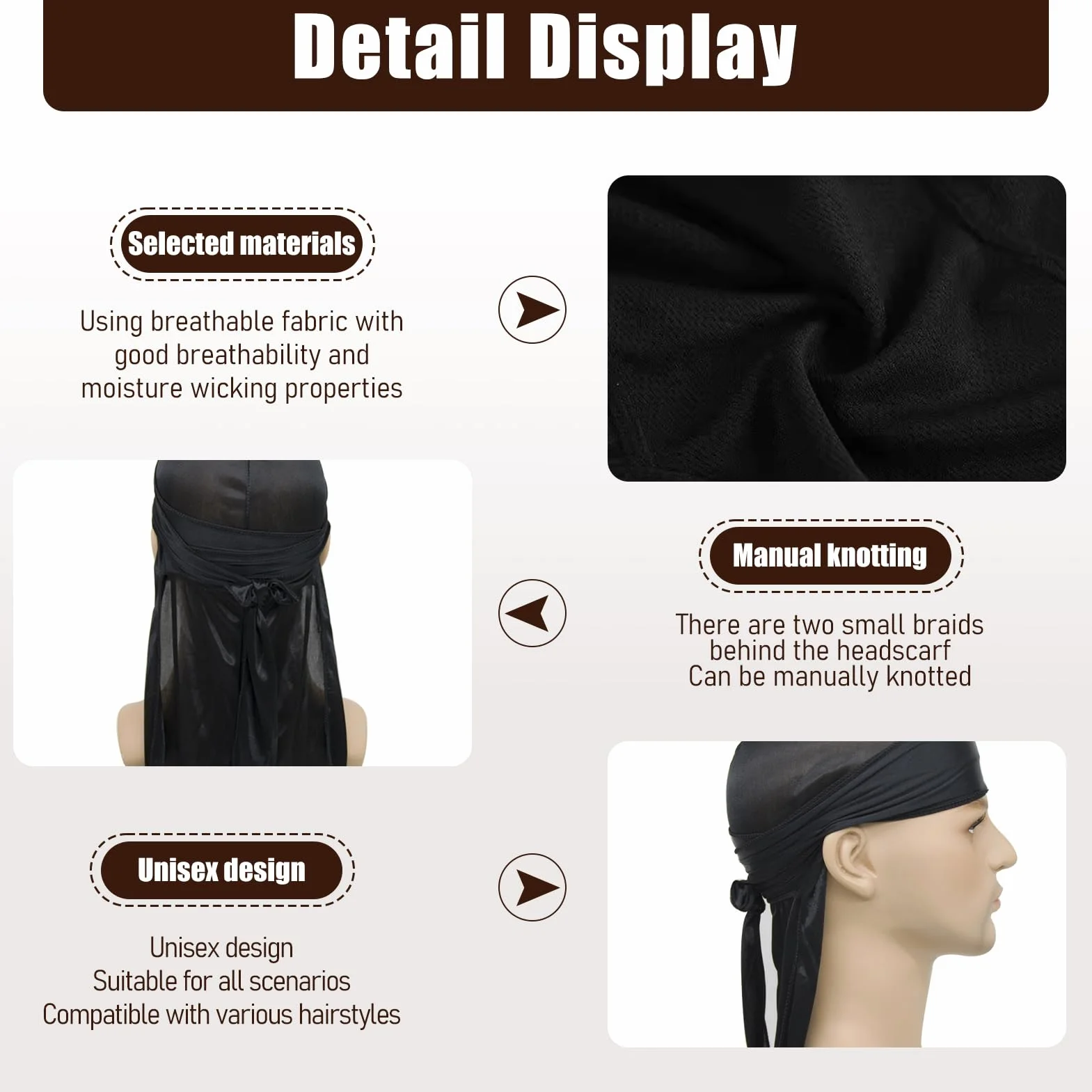 Durag De Seda Gorro De Onda Elástico Bandana Transpirable Secado Rápido Negro