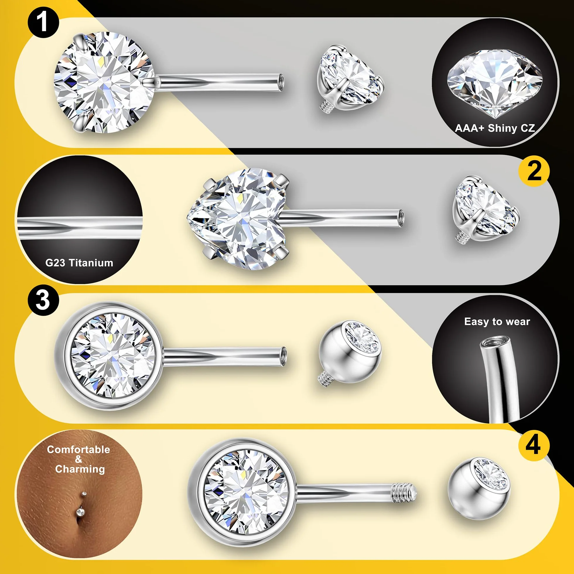 Diamday G23 Titanium Piercing Ombligo 14G CZ Banana Bar 8-16mm Joyería