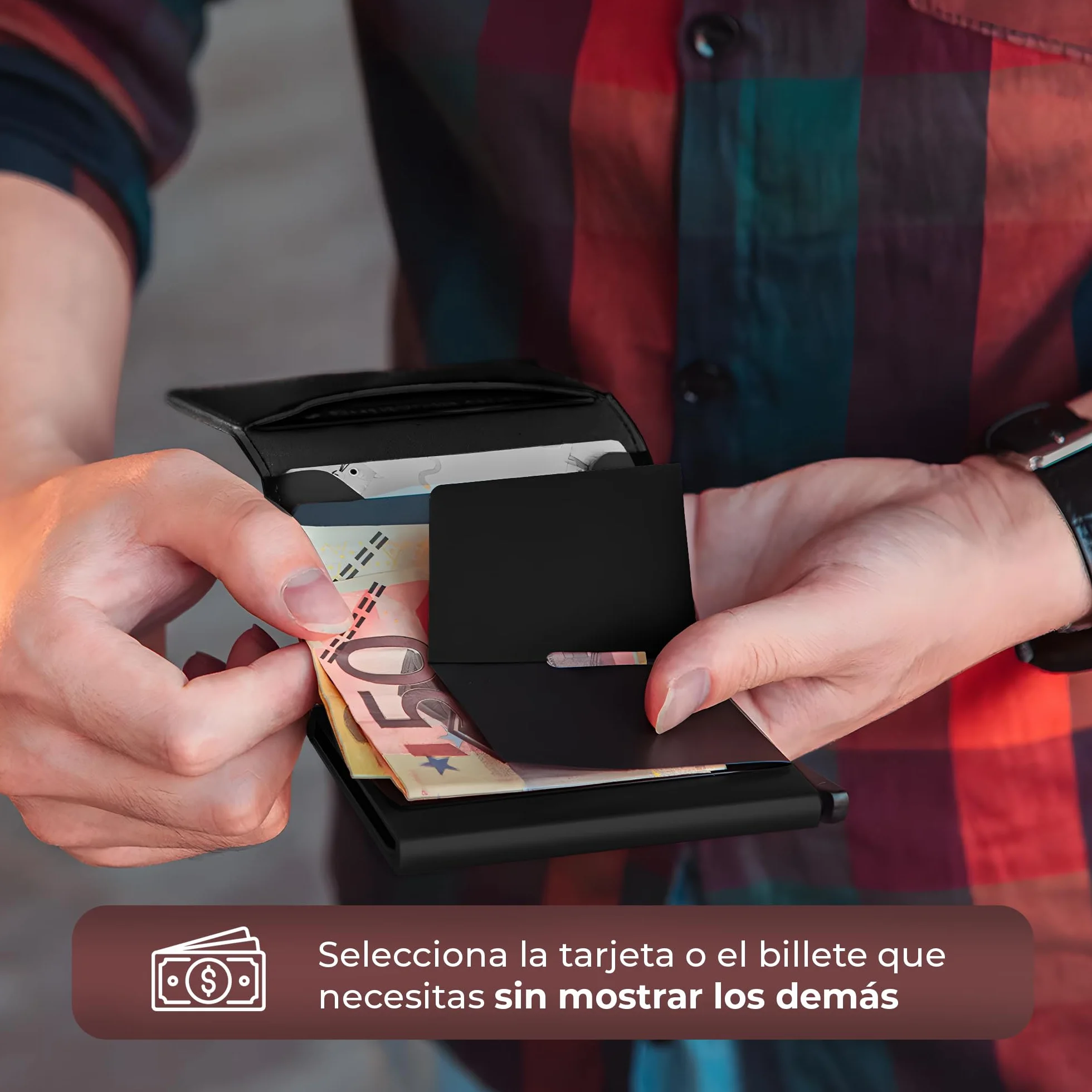 Cartera Hombre Pequeña con Tarjetero Automático Interior Aluminio Protección RFID Capacidad 6 Tarjetas Billetes Documentación Cuero Diseño Compacto Antirrobo