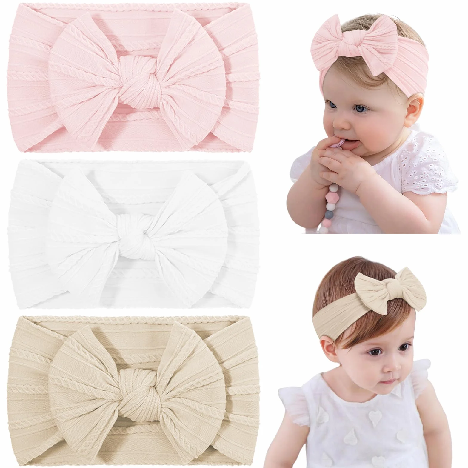 DiULi Diademas Bebé Niña 3 Colores Elástica Cintas Pelo Nylon Lactante Niño Pequeño Anchas Hairband Lazo Tela Conjunto 3pcs