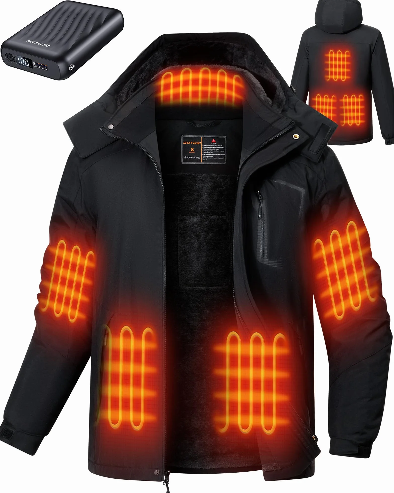 Chaqueta Calefactable Hombre 12V 18400mAh 8 Zonas Calentamiento 3 Niveles Temperatura Capucha Extraíble Negro XL