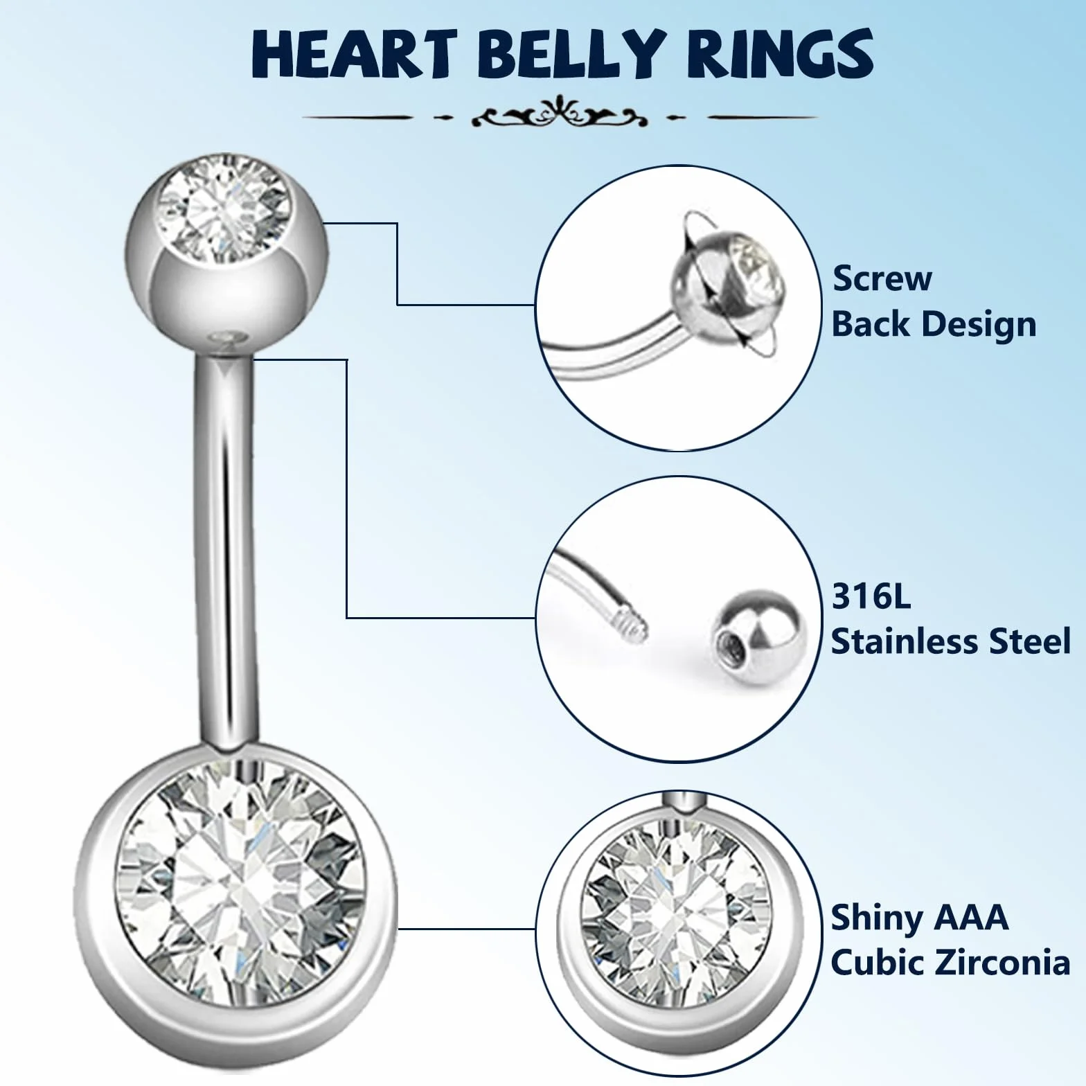 Aucuu 14G Acero Inoxidable Piercing Ombligo Barra Curvada Circonita CZ Cúbica Perla Joyería