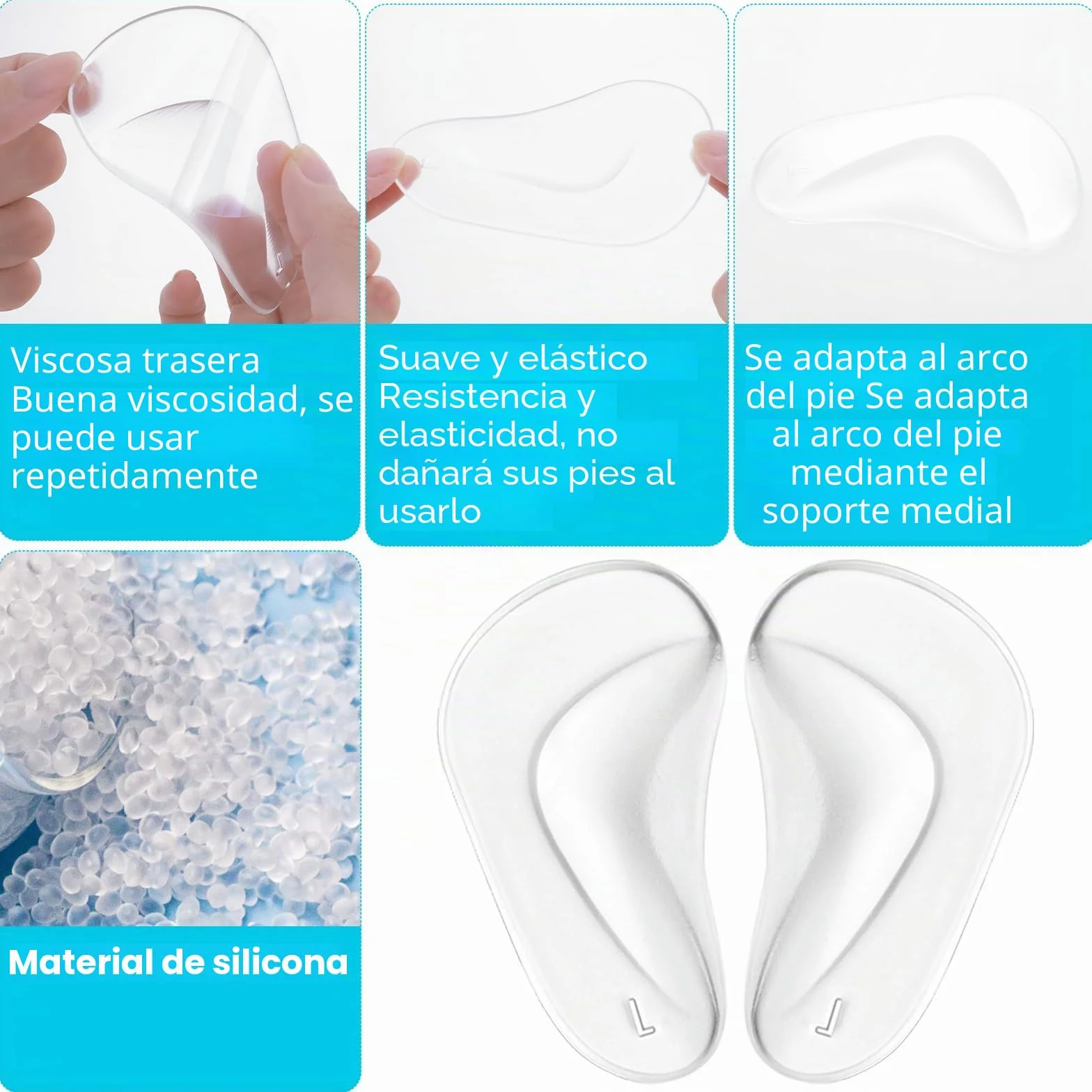 COMNICO 3 Pares Plantillas Autoadhesivas Gel Suave Silicona Transparente Alivio Fascitis Plantar Pies Planos