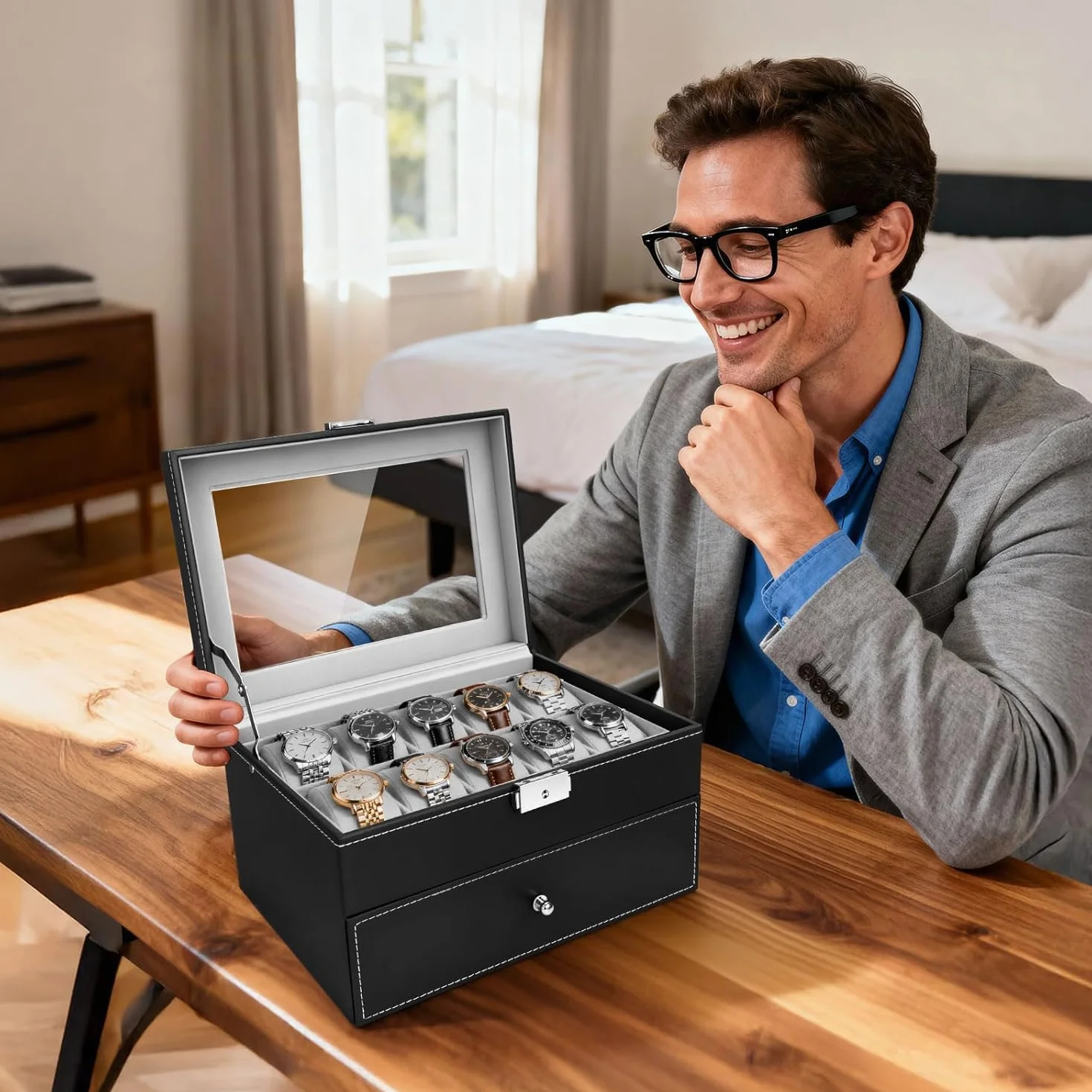 Caja de Relojes con Dos Capas, Estuche Relojero Organizador, Tapa de Cristal, PU Negro