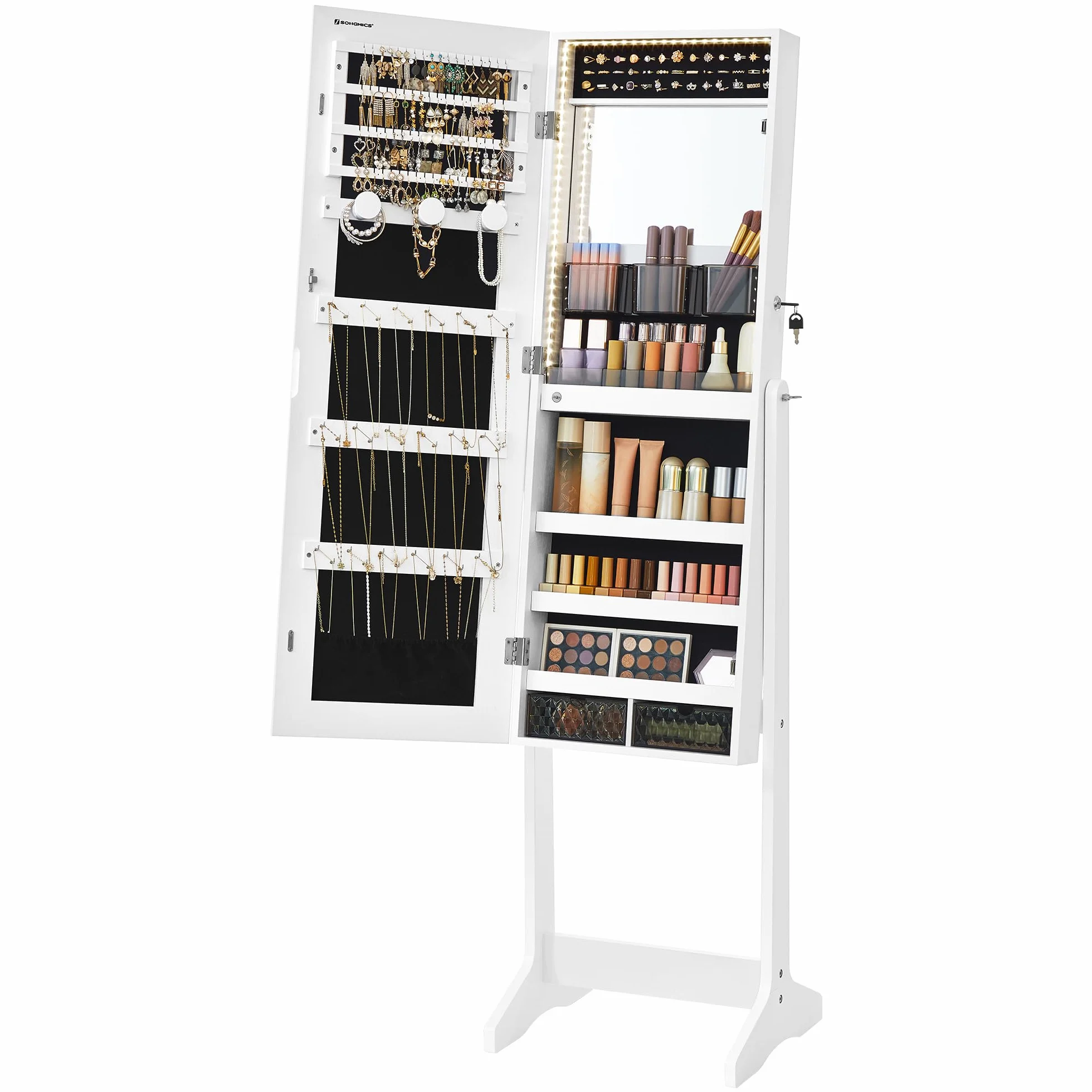 SONGMICS Armario Joyero con Espejo, Luces LED, 2 Cajones, Blanco Nube JJC023W01
