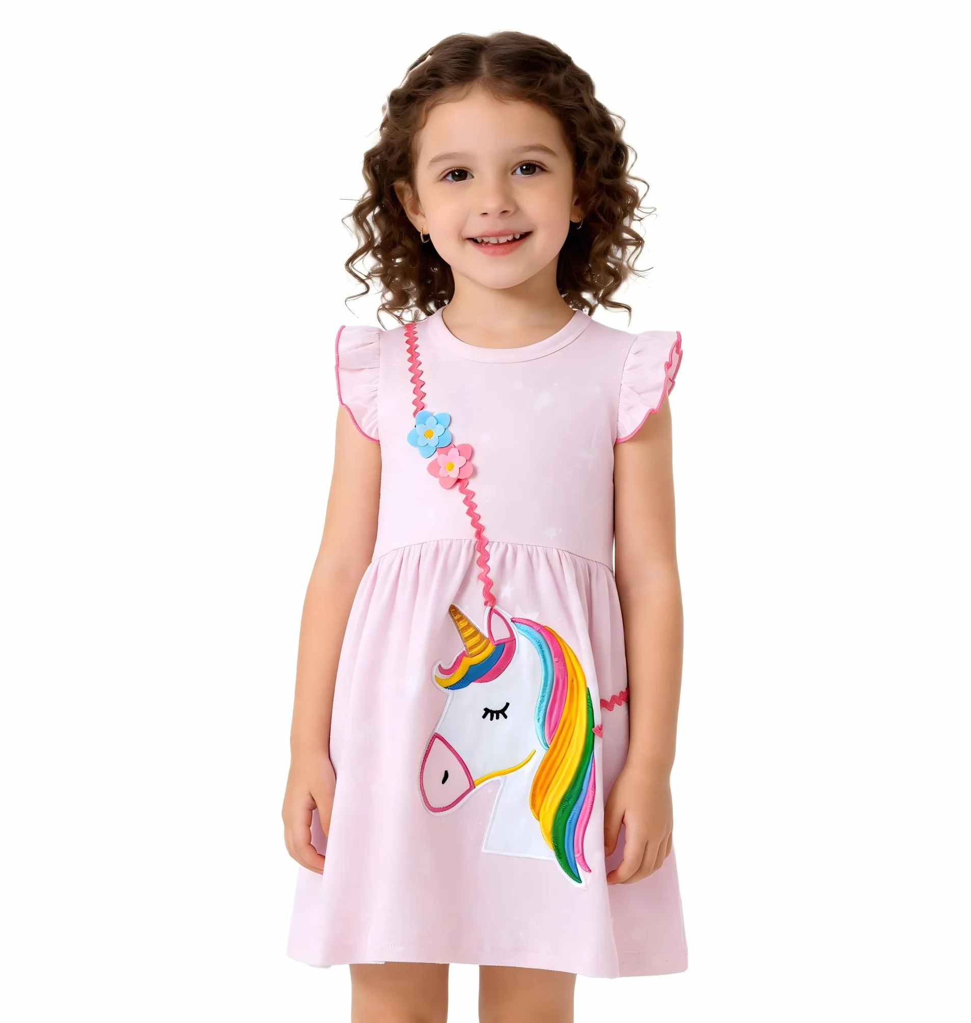Vestido Niña Unicornio Manga Algodón Flores Verano Casual 2-8 Años